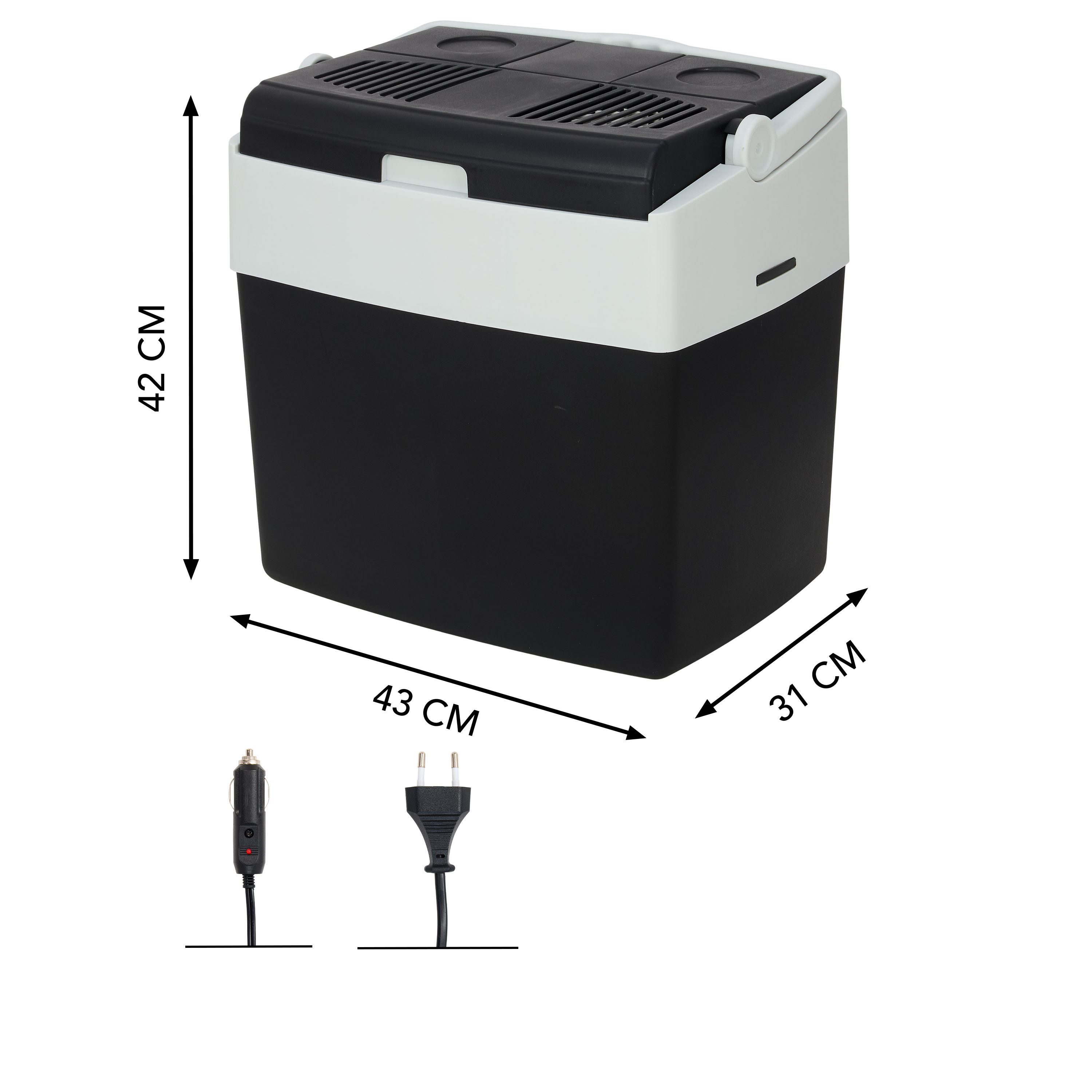 Black cooler with white lid, 42x43x31cm, with two cables.