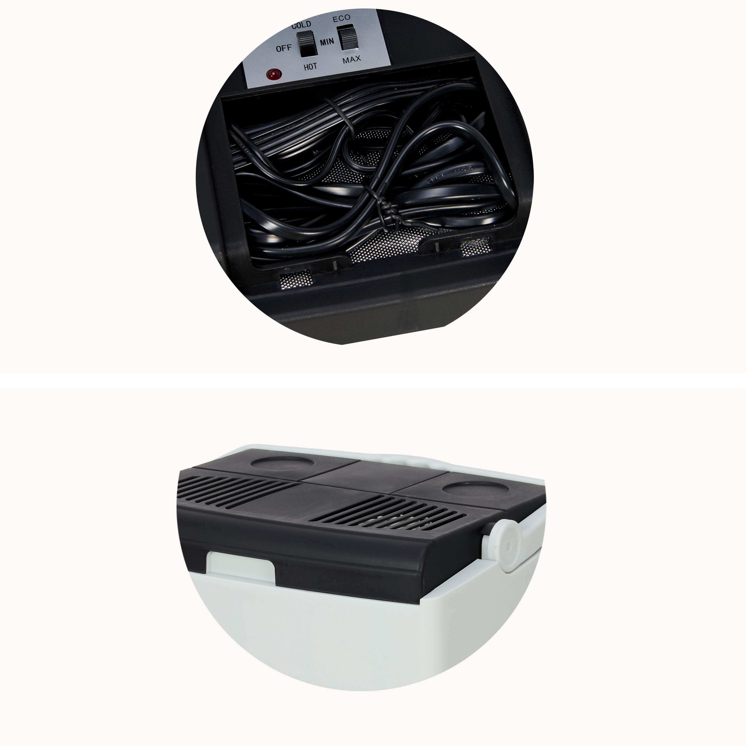 Close-up of the lid of a white cooler box with ventilation slots.