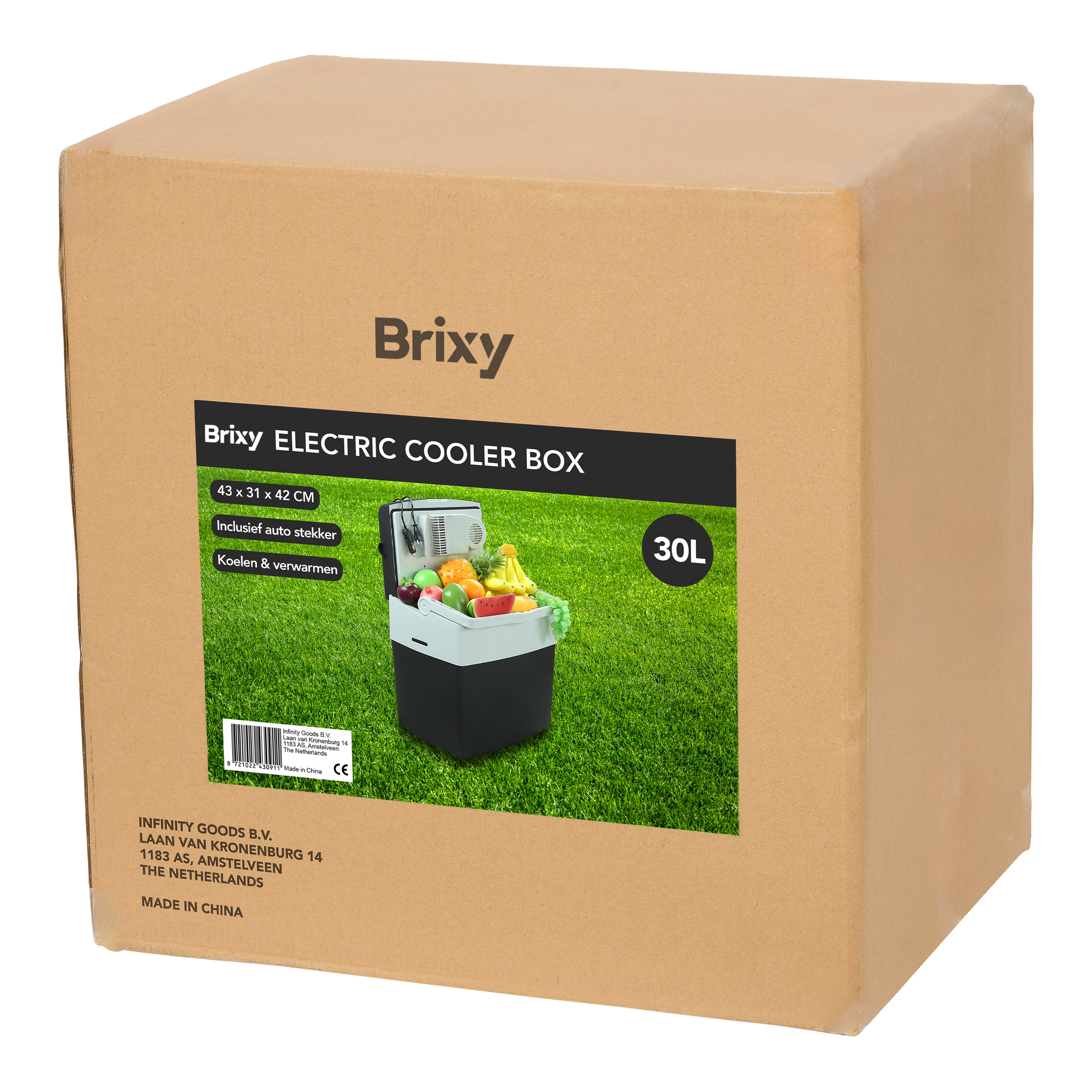 Brixy electric cooler box with fruit on grass. 30L capacity.