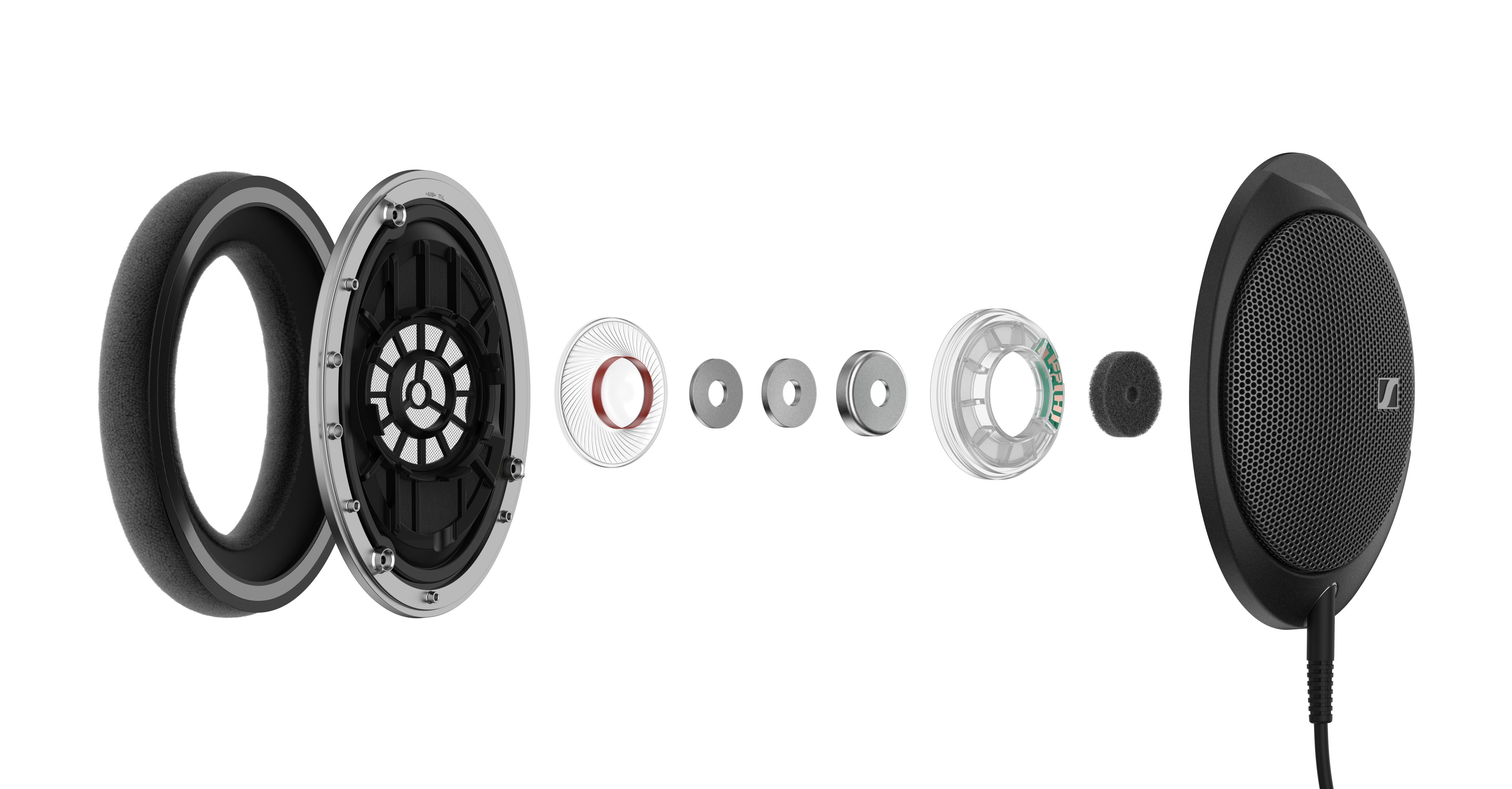 Widok rozstrzelony komponentów słuchawek: nauszniki, obudowa przetwornika, membrana, ciężarki i kratka głośnika.