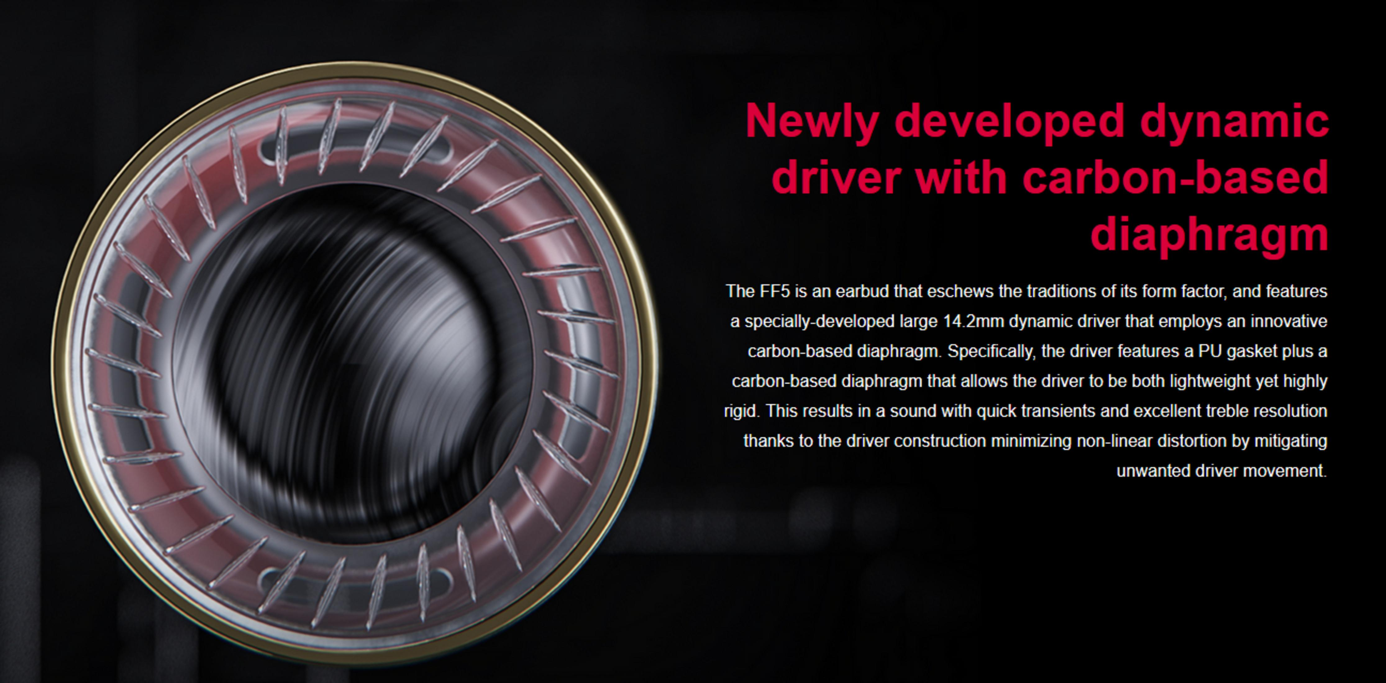 Close-up van een dynamische driver met carbon membraan, gouden rand.