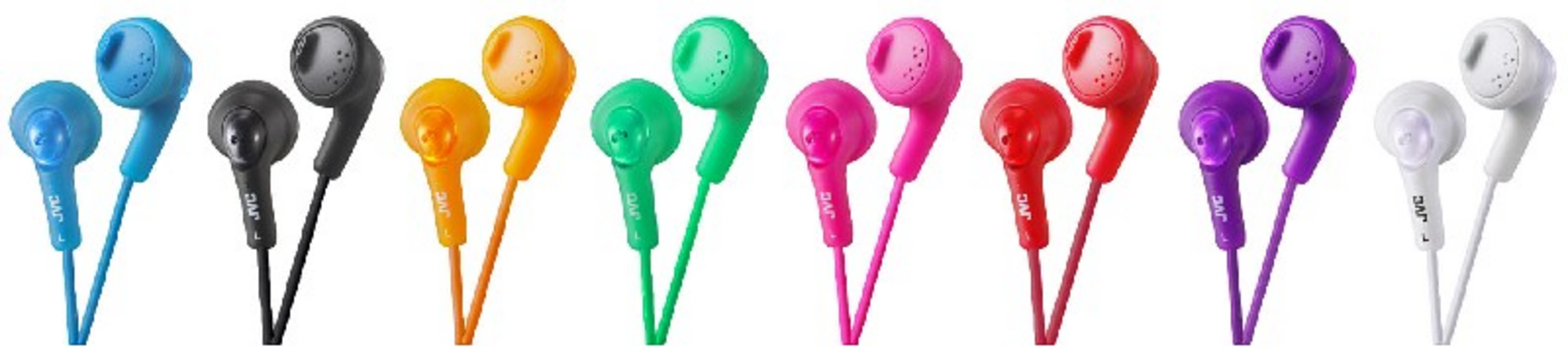 Fila di auricolari JVC in blu, nero, arancione, verde, rosa, rosso, viola e bianco.