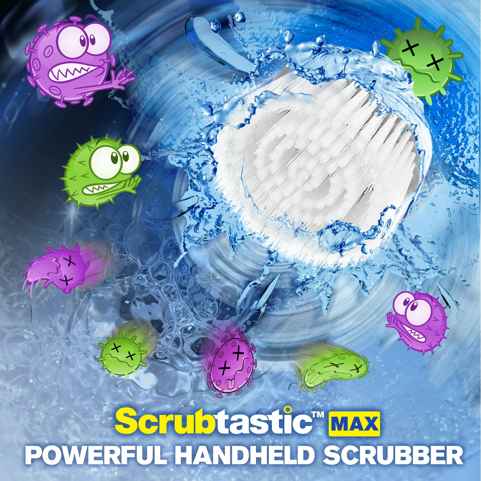 Ein Bürstenkopf spritzt Wasser, Viren werden besiegt. "Scrubtastic MAX".