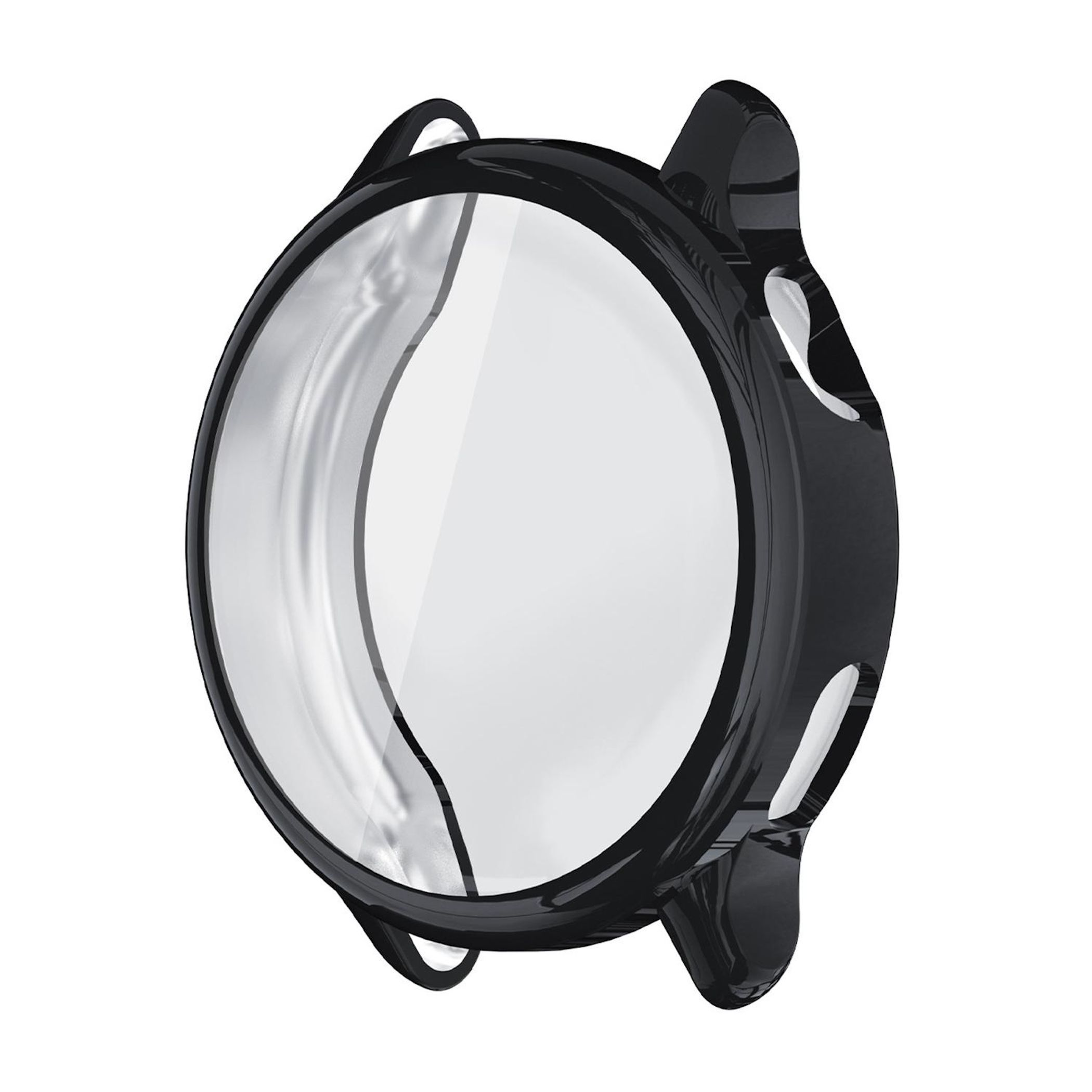Custodia protettiva nera per orologio rotondo con schermo trasparente.