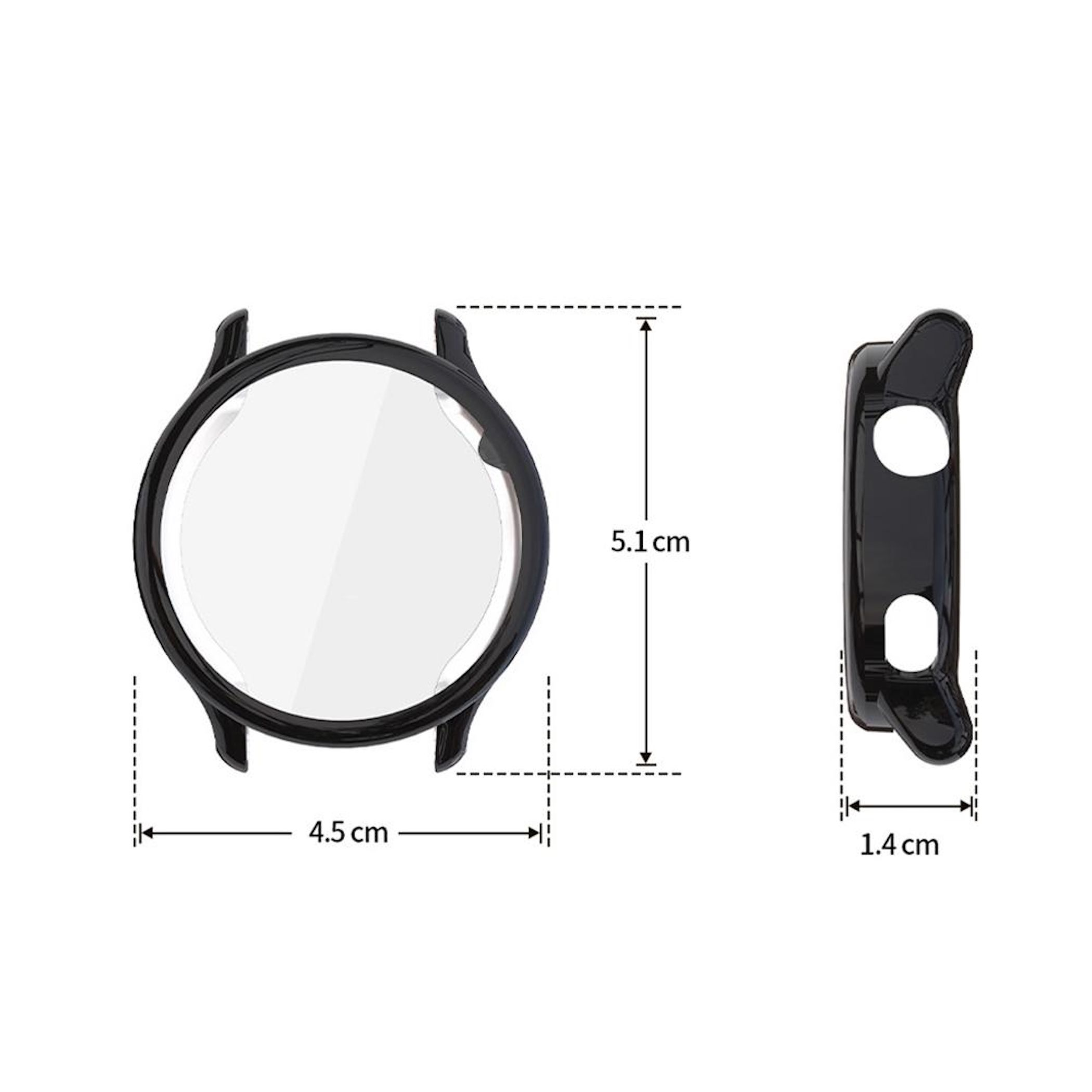 Schwarze Uhrenhülle mit Maßen 4,5 cm und 5,1 cm.