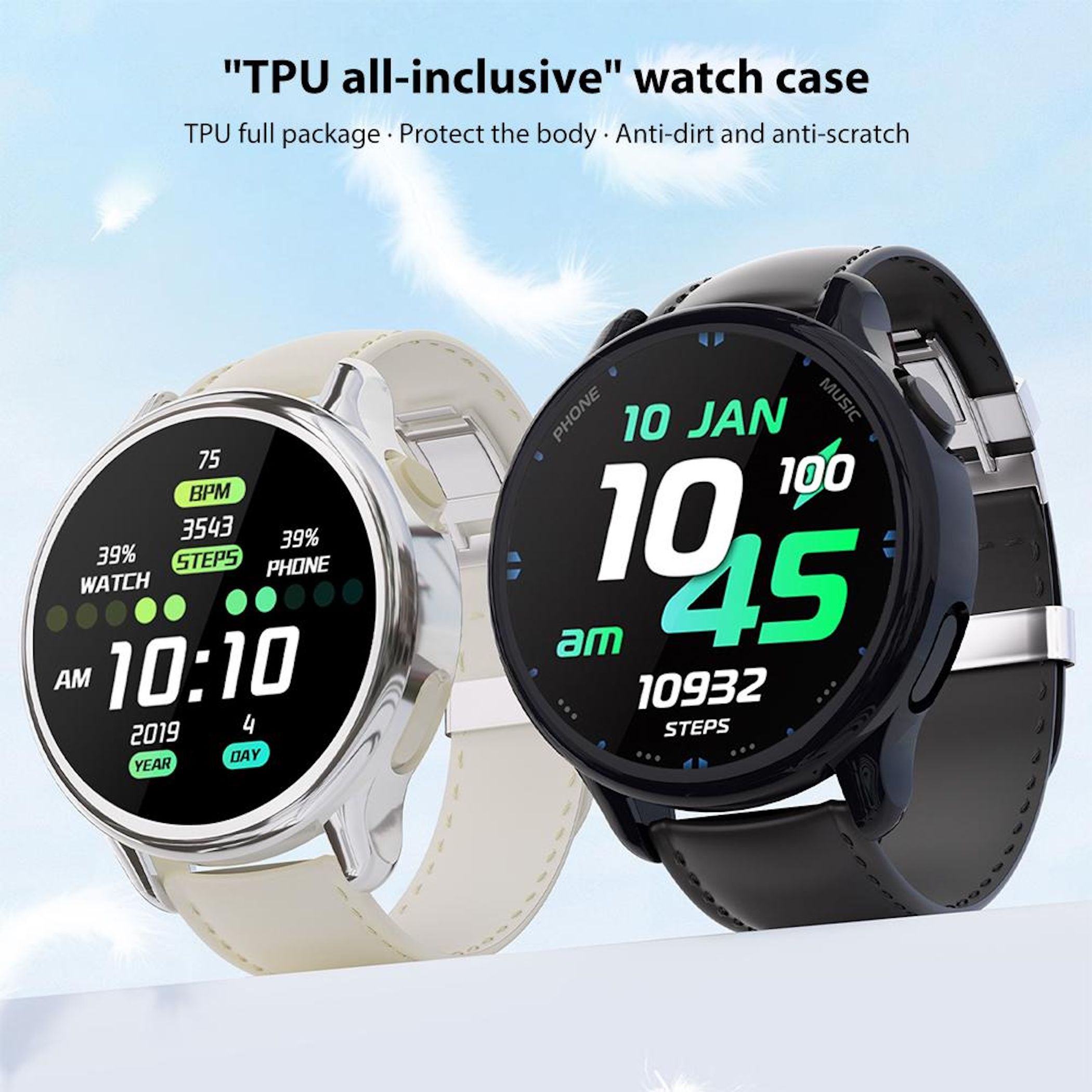 Zwei Smartwatches, eine mit hellem und eine mit schwarzem Band, zeigen verschiedene Daten an.