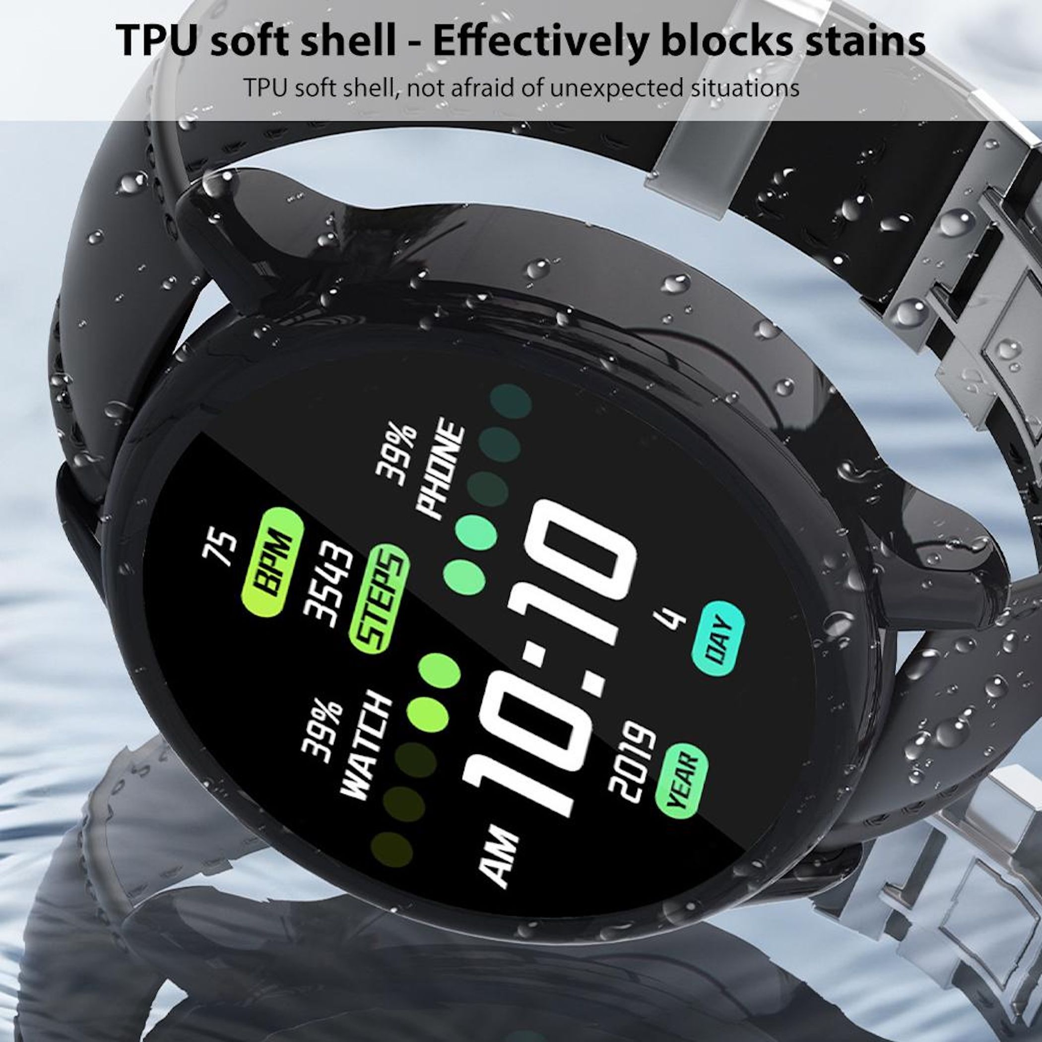 Eine schwarze Smartwatch mit Wassertropfen auf dem Zifferblatt und Armband.