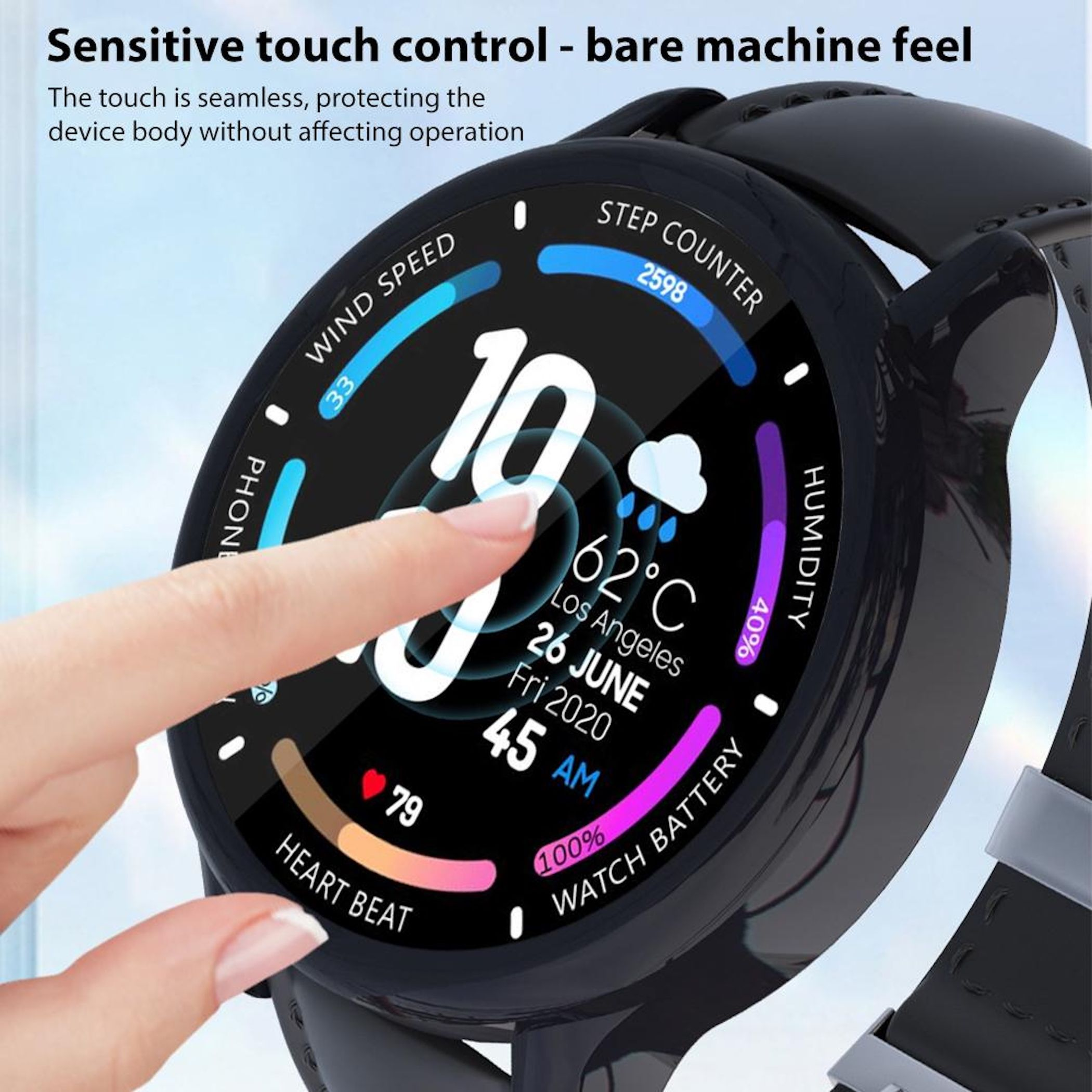 Ein Finger berührt ein Smartwatch-Display mit Uhrzeit, Wetter, Schritten, Herzfrequenz und Akku.