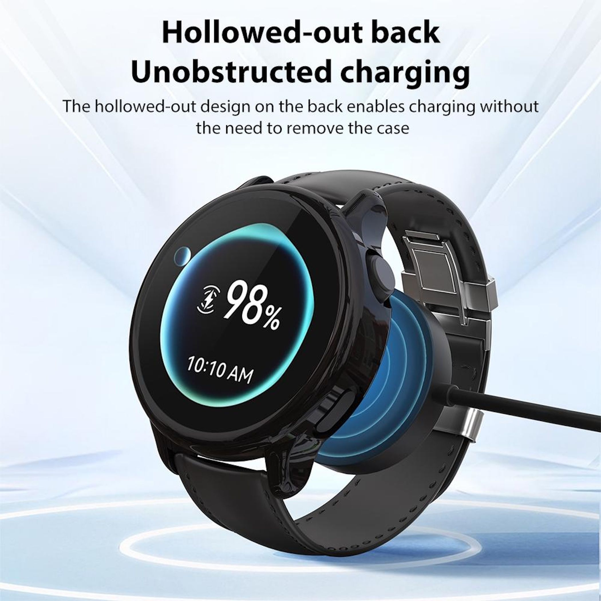 Eine Smartwatch mit 98% Akku wird geladen. Das Design erlaubt Laden ohne Hülle.