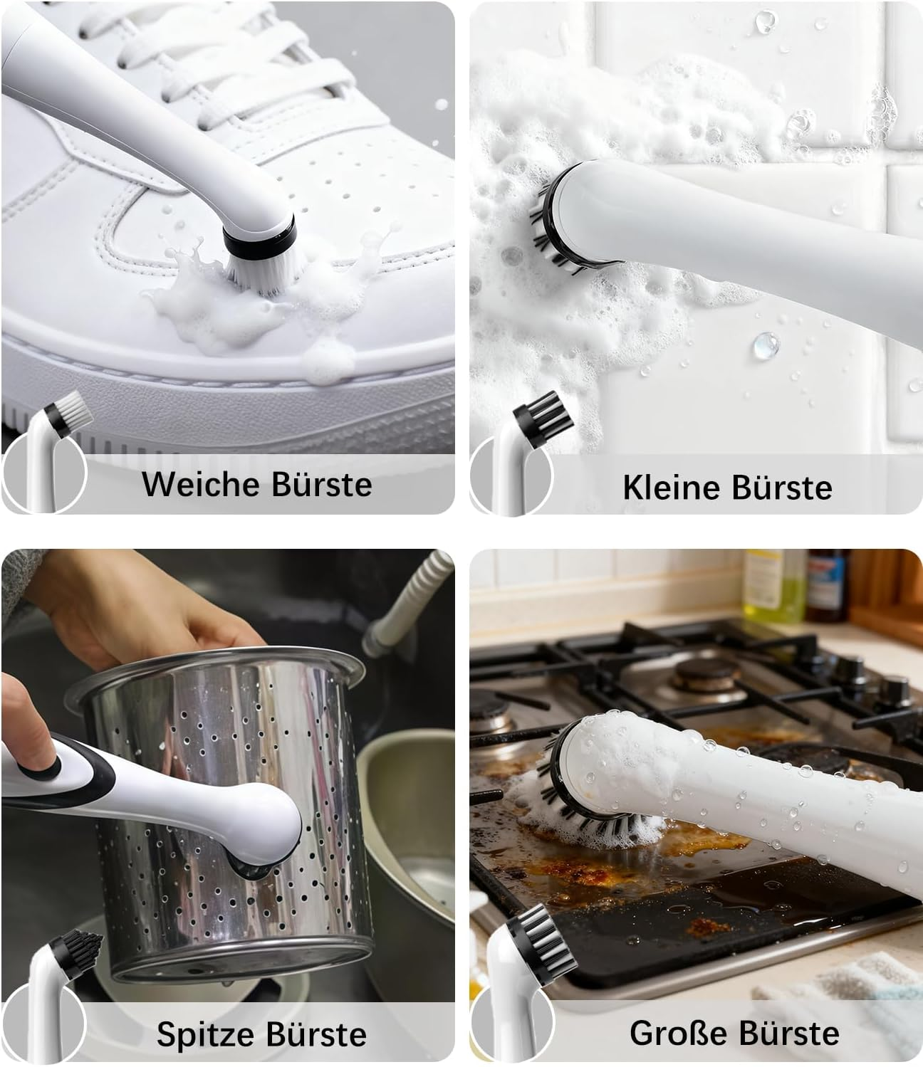 Vier Bilder zeigen einen elektrischen Reinigungsbürstenaufsatz in Aktion: auf Schuhen, Fliesen, Metall und einem Herd.