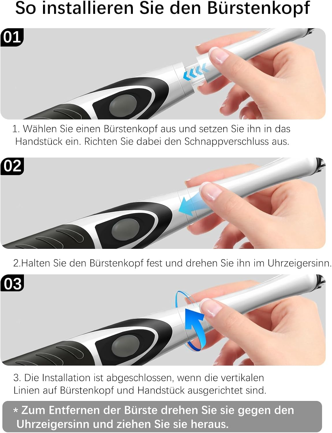 Hand dreht Bürstenkopf auf elektrischer Zahnbürste.