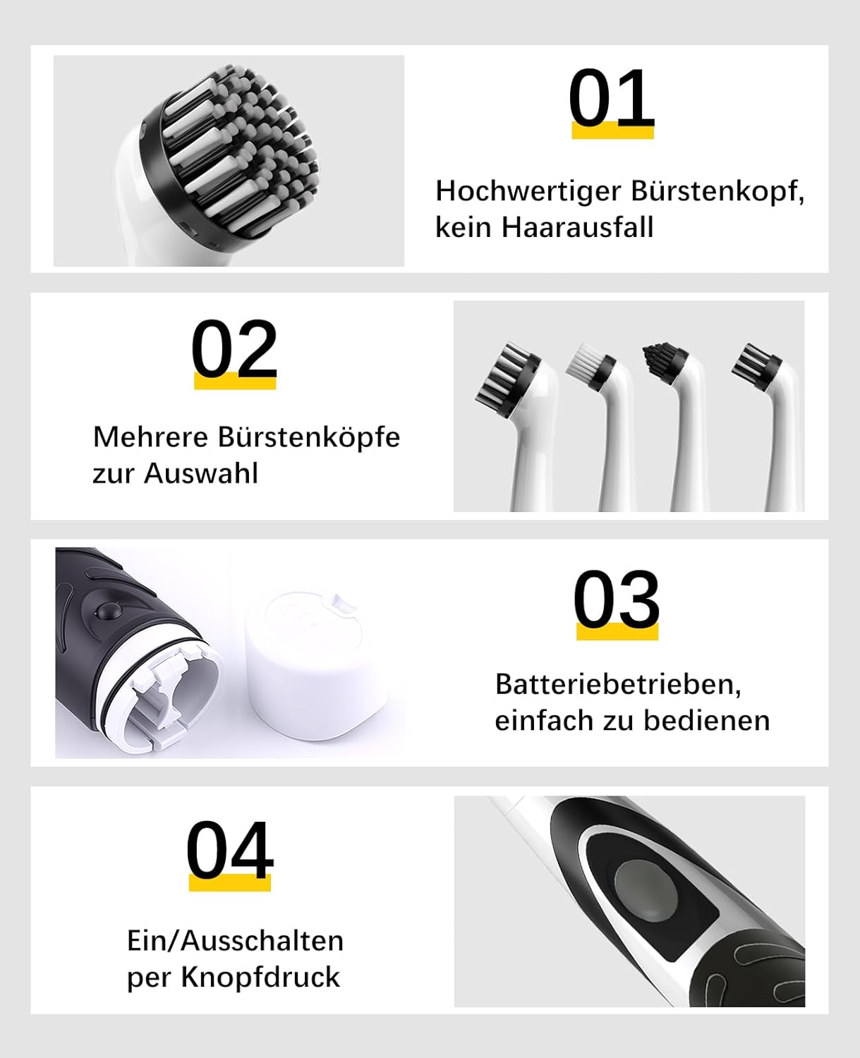 Produktmerkmale: Bürstenköpfe, Batteriebetrieb, Ein/Aus-Knopf.