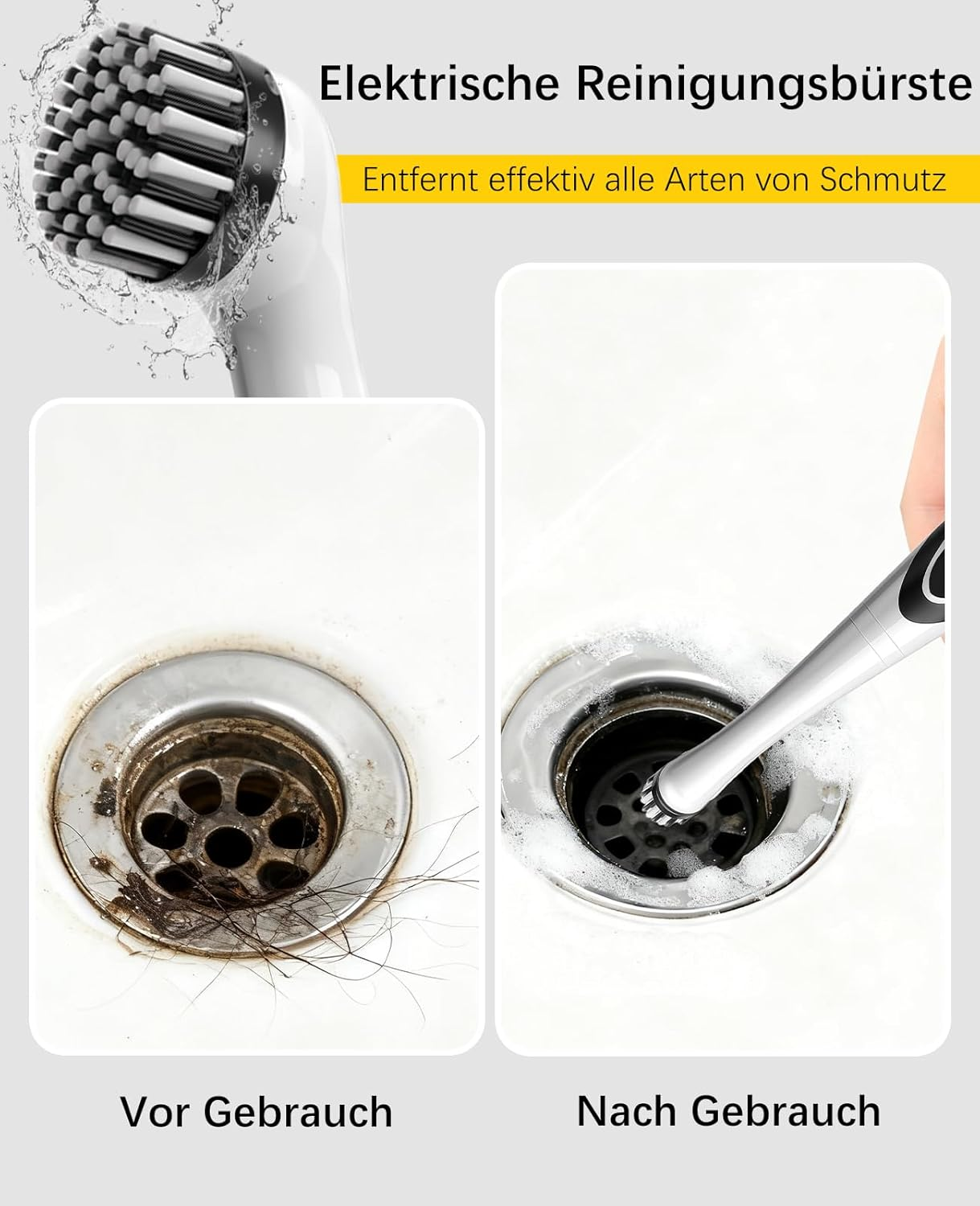 Elektrische Bürste reinigt ein verstopftes Waschbecken.