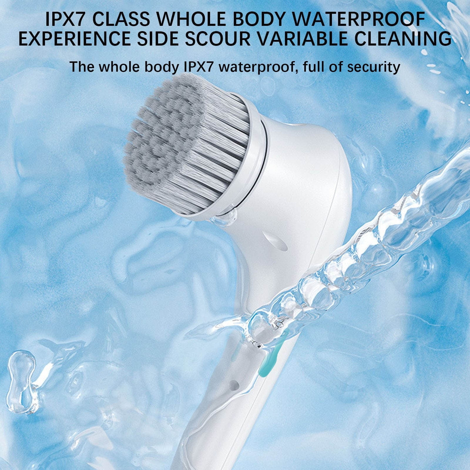 Ein weißer Gesichtsreinigungsbürstenkopf mit Wasserstrahl in blauem Wasser.