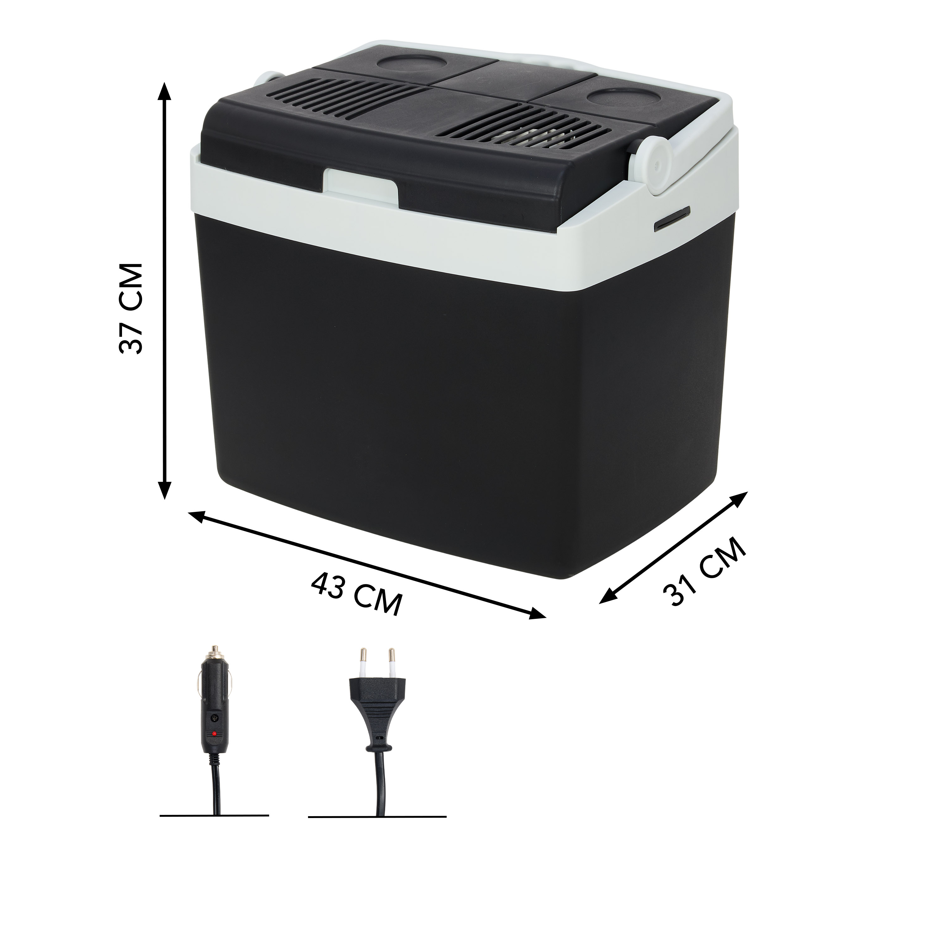 Black and white cooler box with dimensions and plugs shown.
