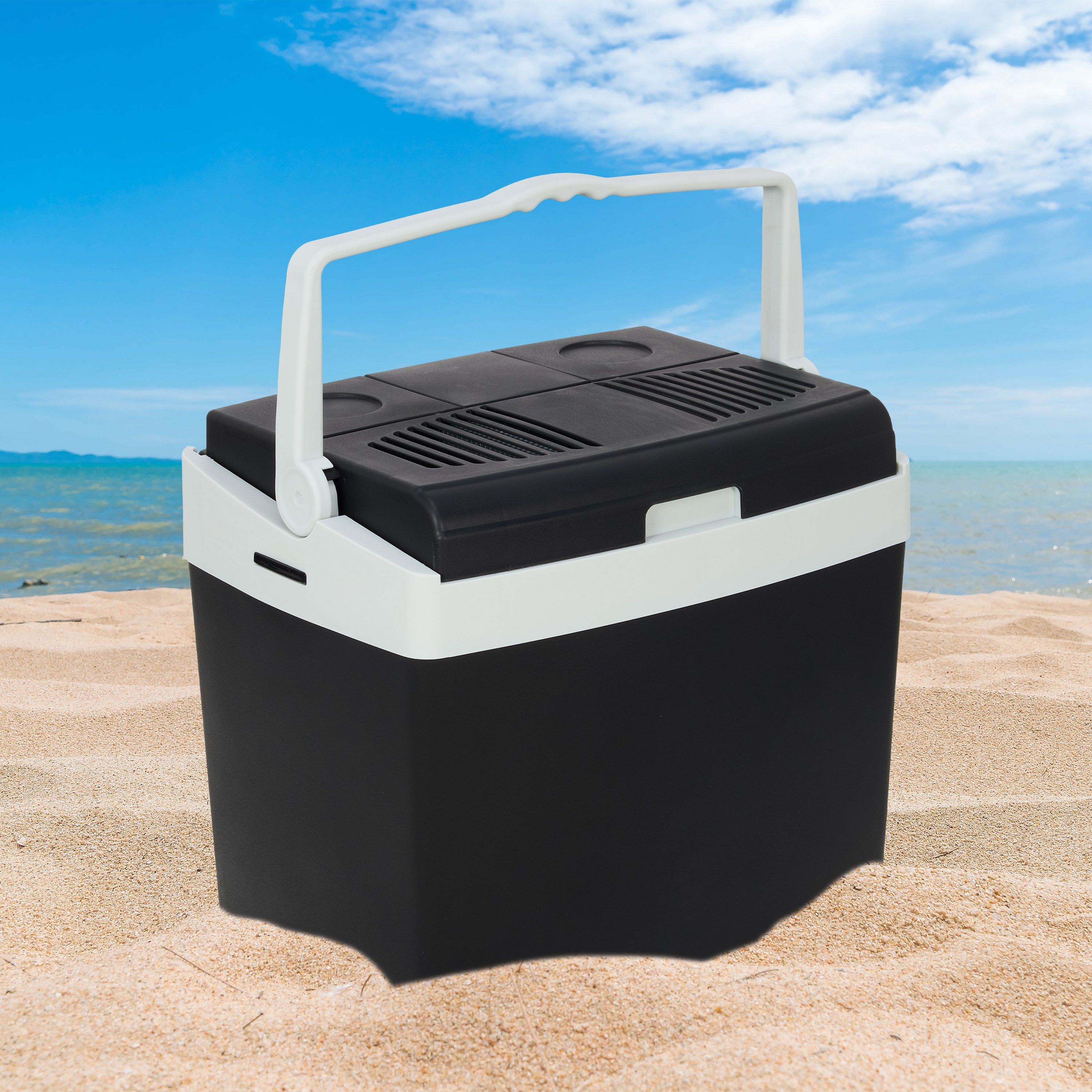 A black cooler with a white handle sits on the beach.