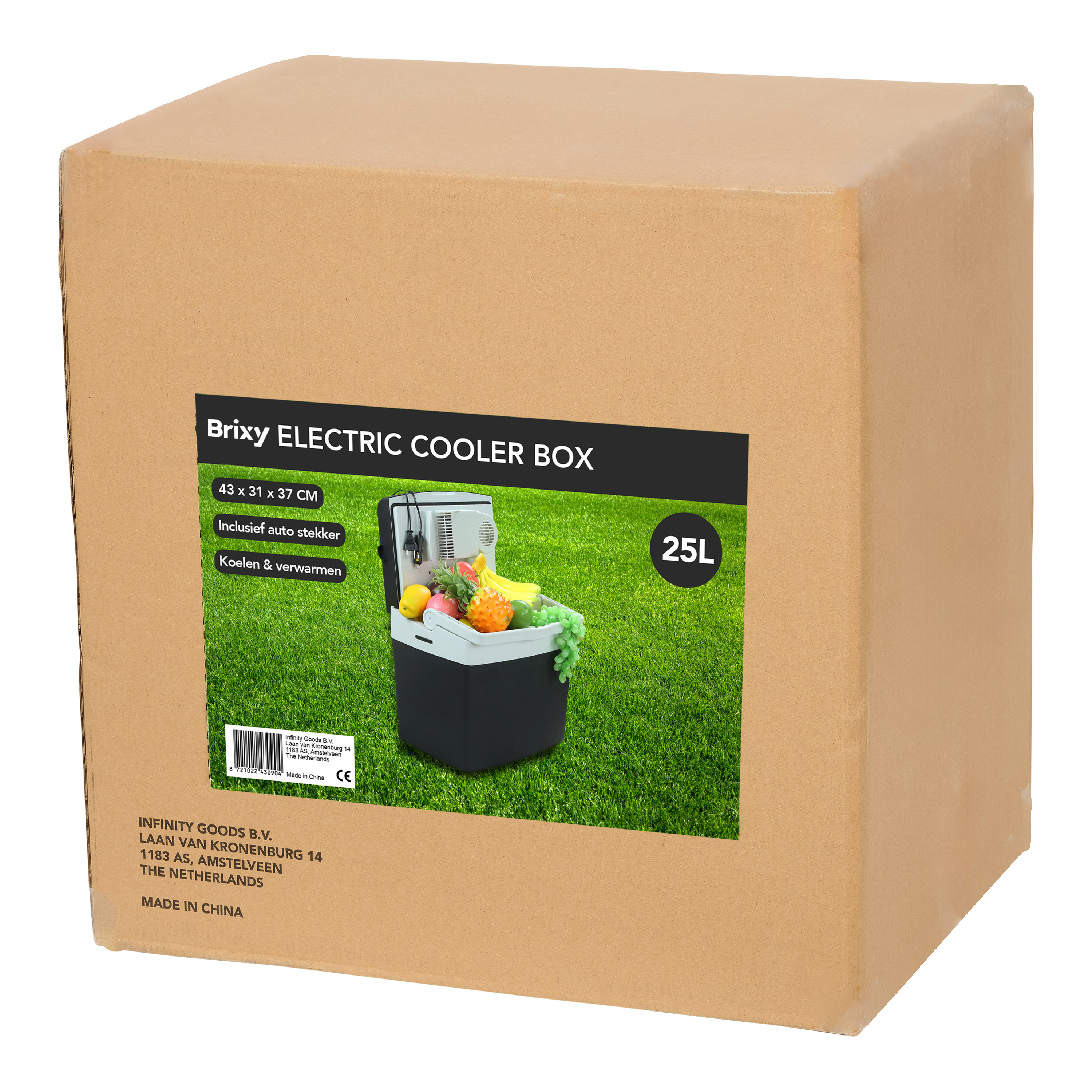 Cardboard box with sticker showing electric cooler box with fruit on grass.