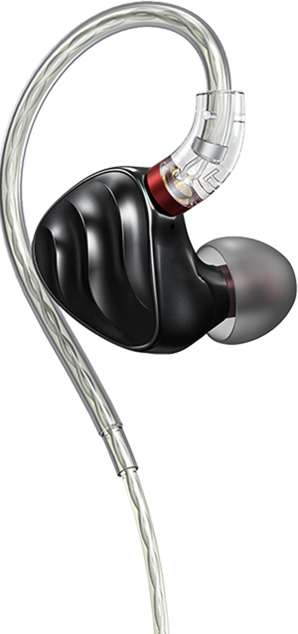 Un auricolare in-ear nero con cavo trasparente e accenti rossi.