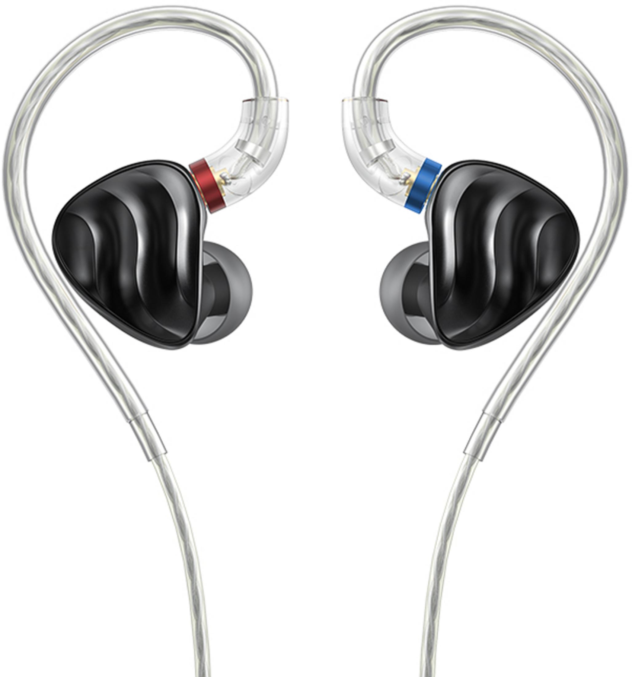 Auricolari neri con cavi argentati e alloggiamento trasparente. Accenti rossi e blu.