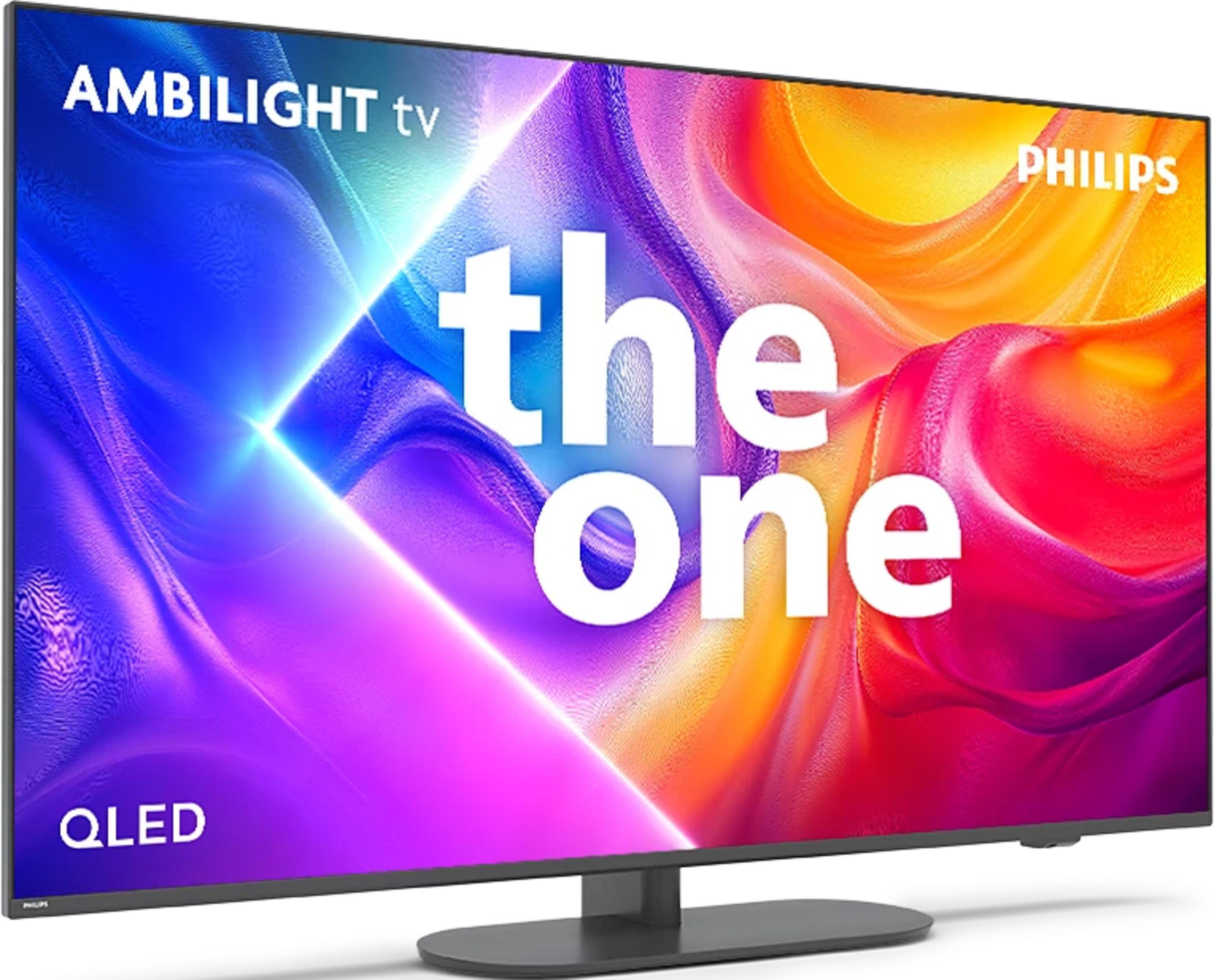 Telewizor Philips QLED z Ambilight wyświetla słowa „the one” na biało.