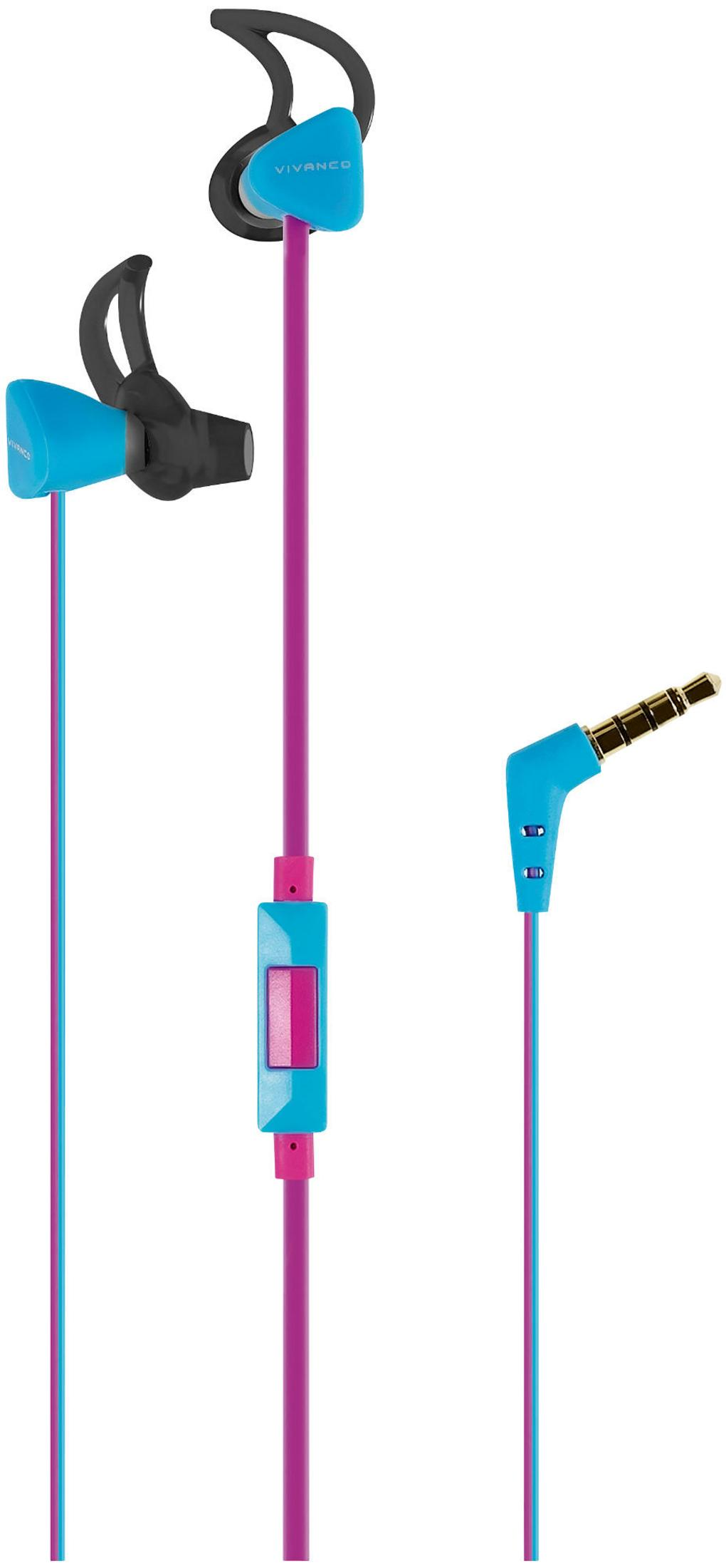 Auriculares azules y rosas con ganchos para la oreja y conector de 3.5mm.
