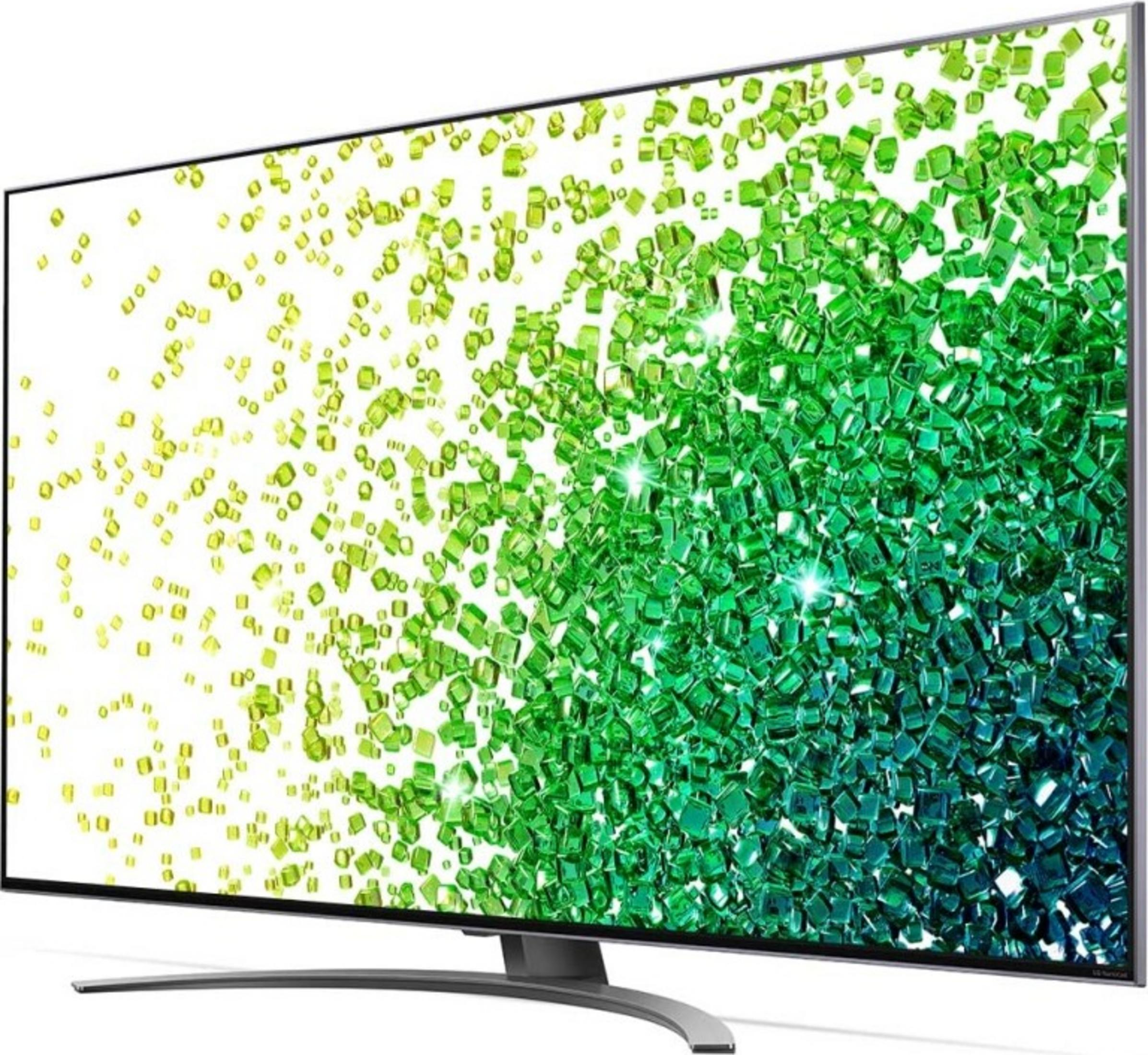 Nowoczesny telewizor z ekranem wyświetlającym gradient od żółtego do zielonego, od lewej do prawej.