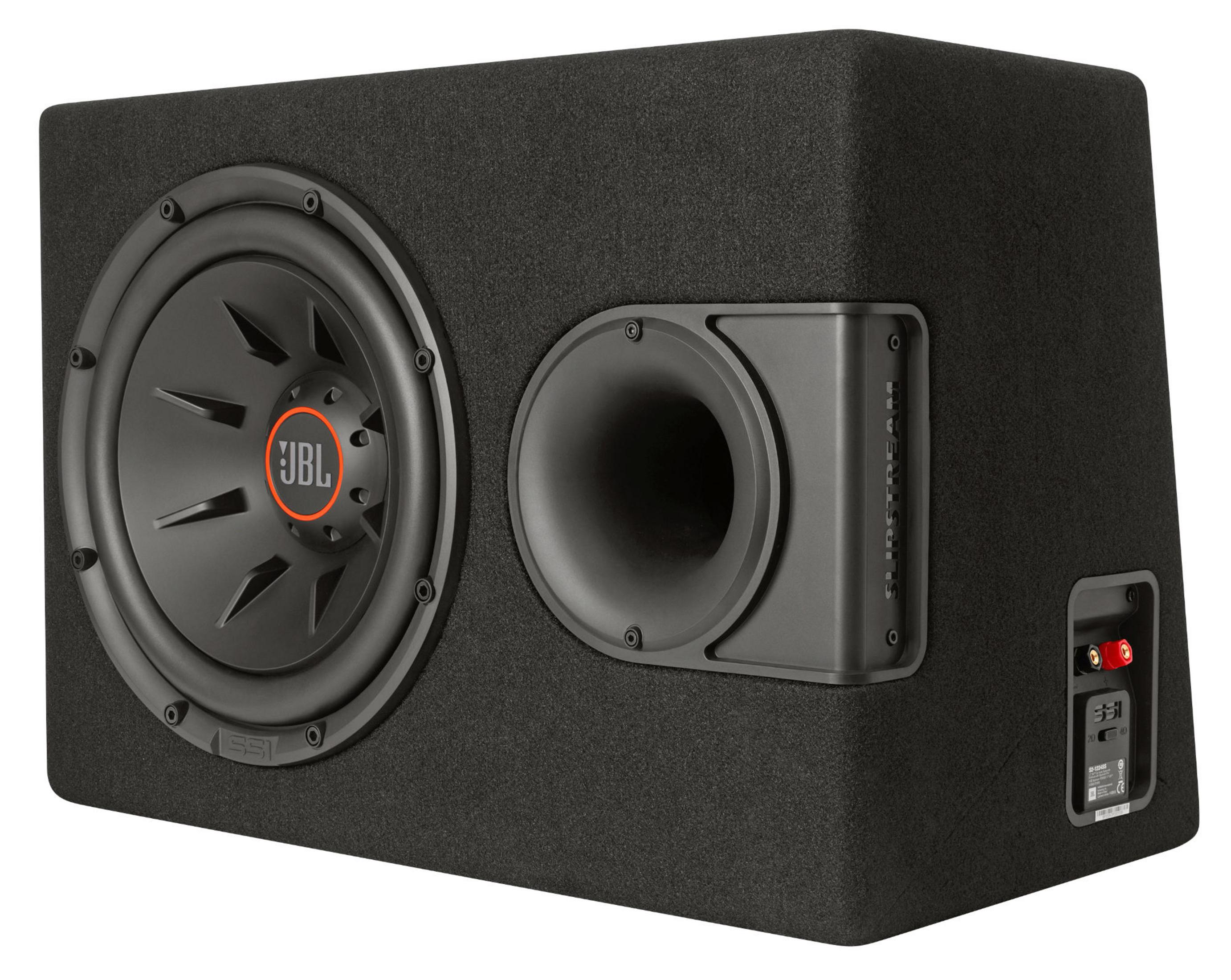 Schwarzer Subwoofer mit JBL-Logo und runder Bassreflexöffnung.