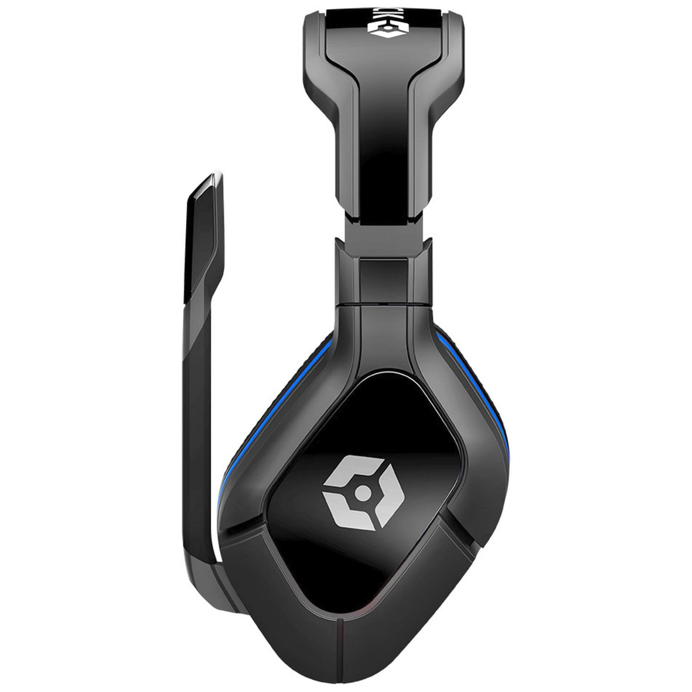Schwarzer Gaming-Kopfhörer mit blauem Akzent und Logo.