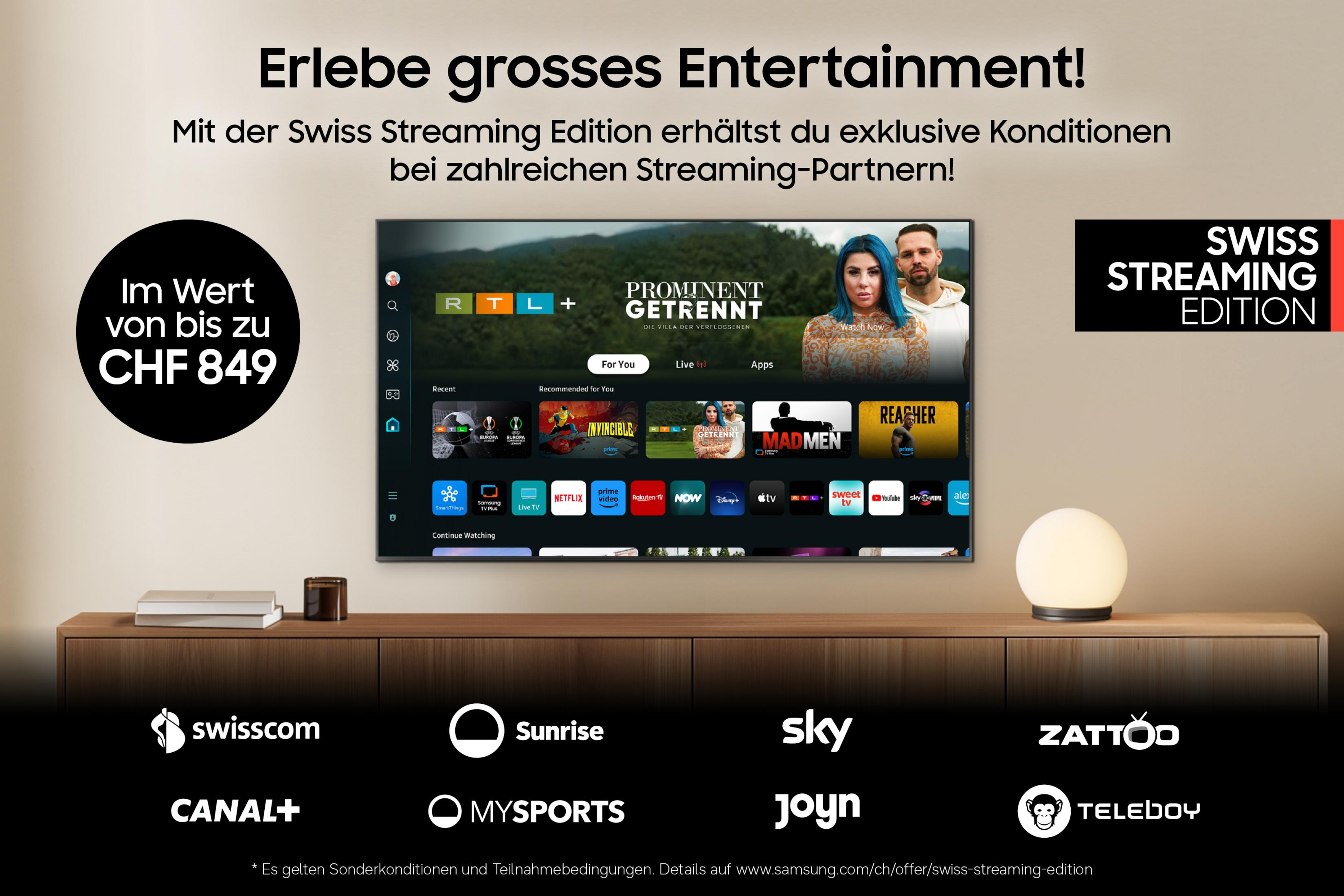 Ekran telewizora wyświetla aplikację streamingową z filmami i logo partnerów. CHF 849.
