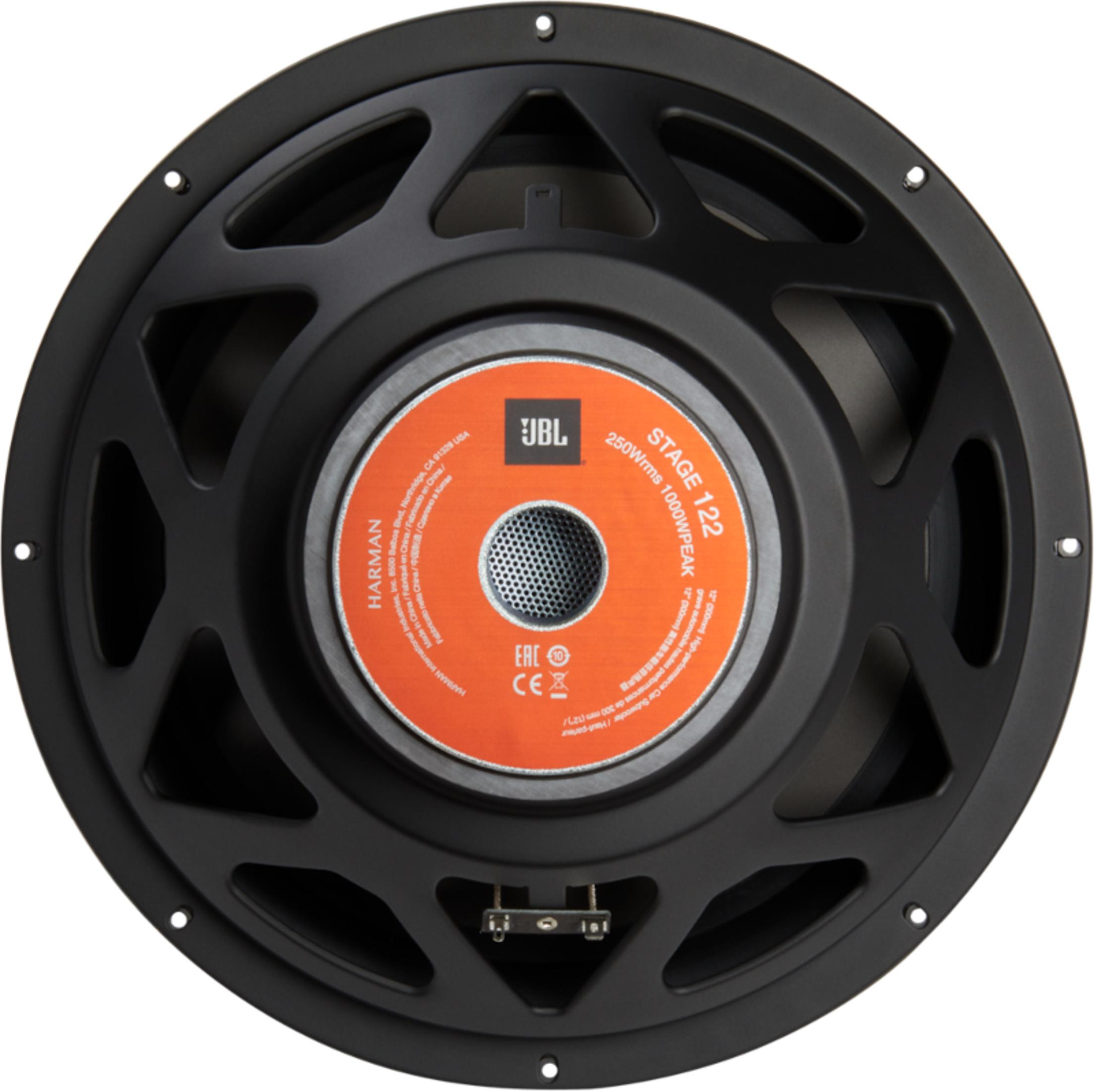 Schwarzer JBL 12-Zoll-Subwoofer mit orangenem Etikett, Modell Stage 122.