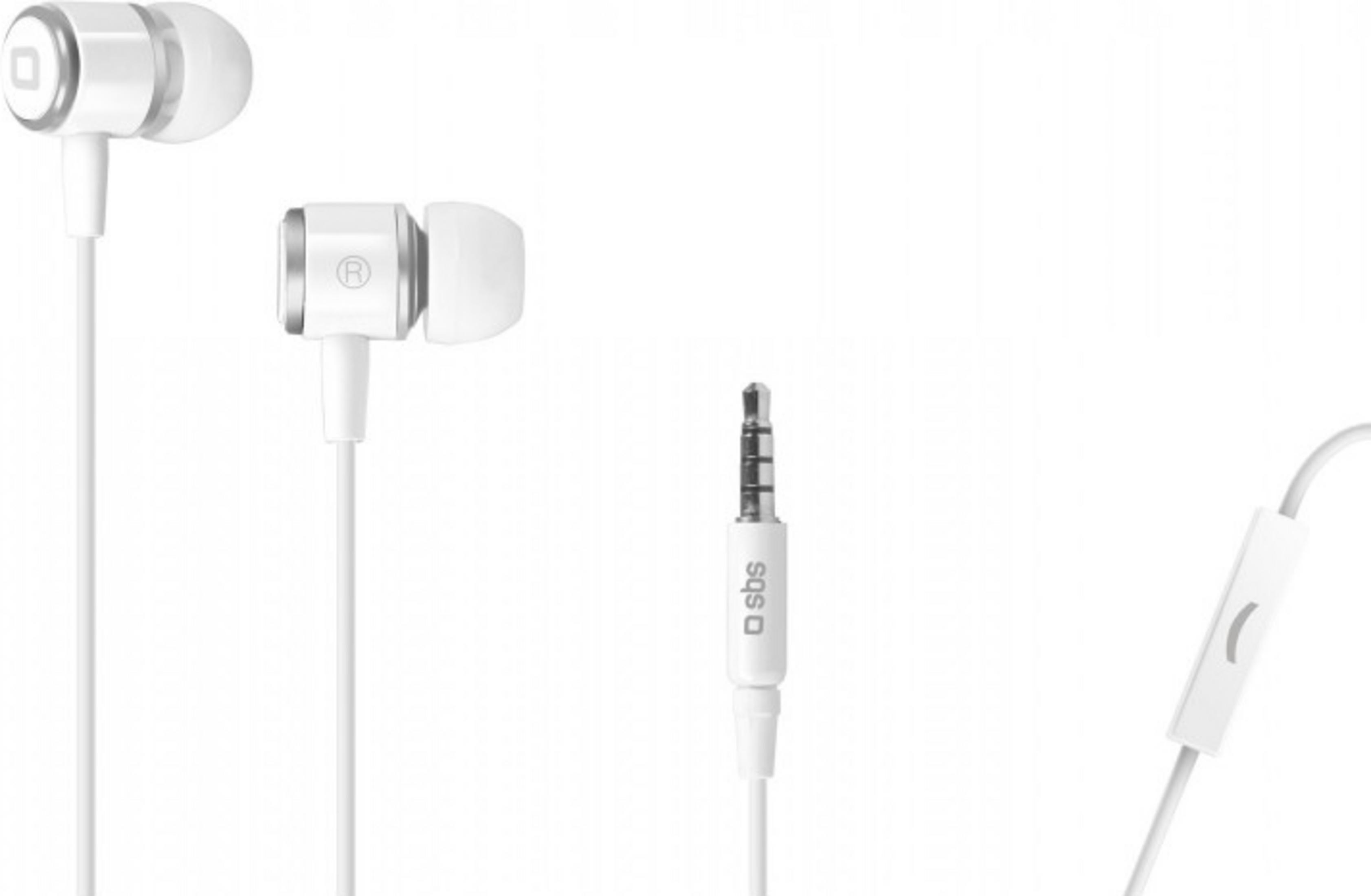 Auriculares blancos intrauditivos con detalles plateados y conector de 3,5 mm.