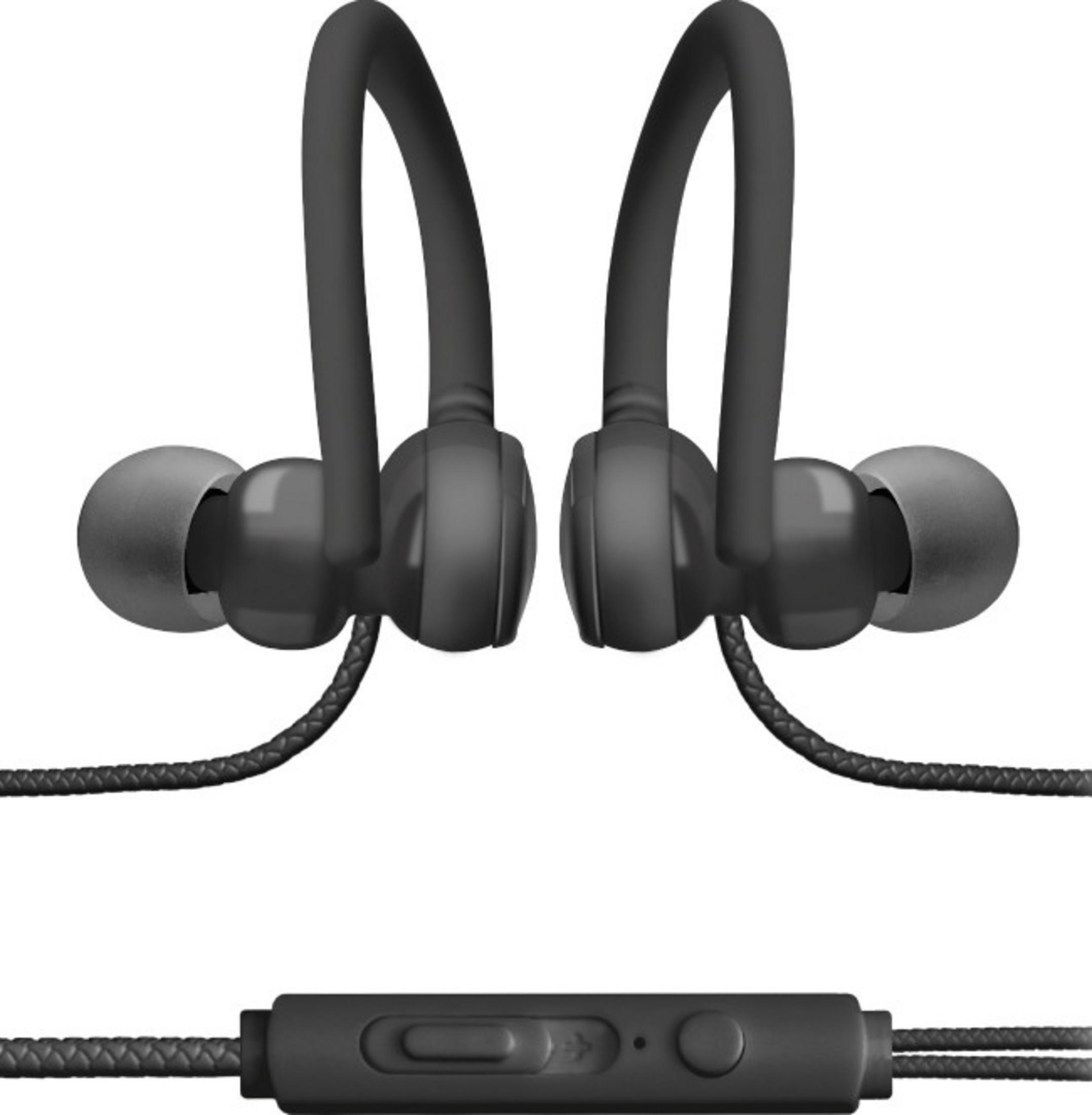 Auricolari wireless neri con ganci e telecomando in linea.