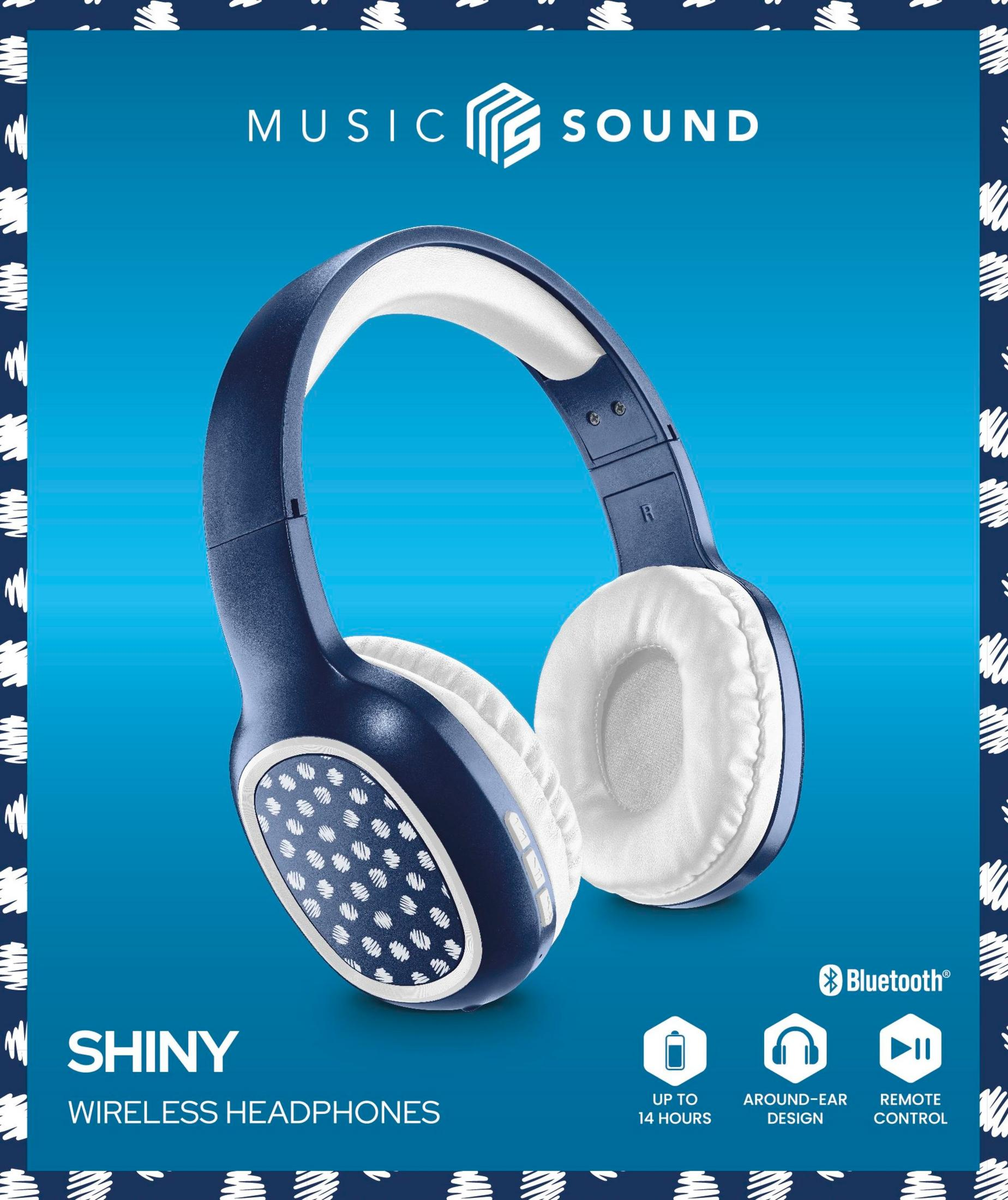 Niebiesko-białe słuchawki bezprzewodowe z teksturowanymi nausznikami, na niebieskim tle.