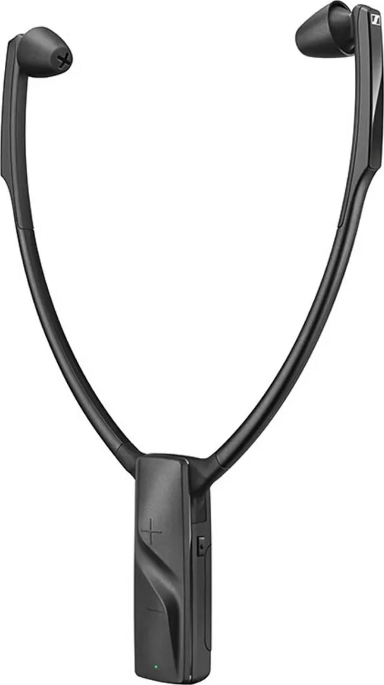 Schwarze Nacken-Kopfhörer mit Mittelmodul und Ohrstöpseln.