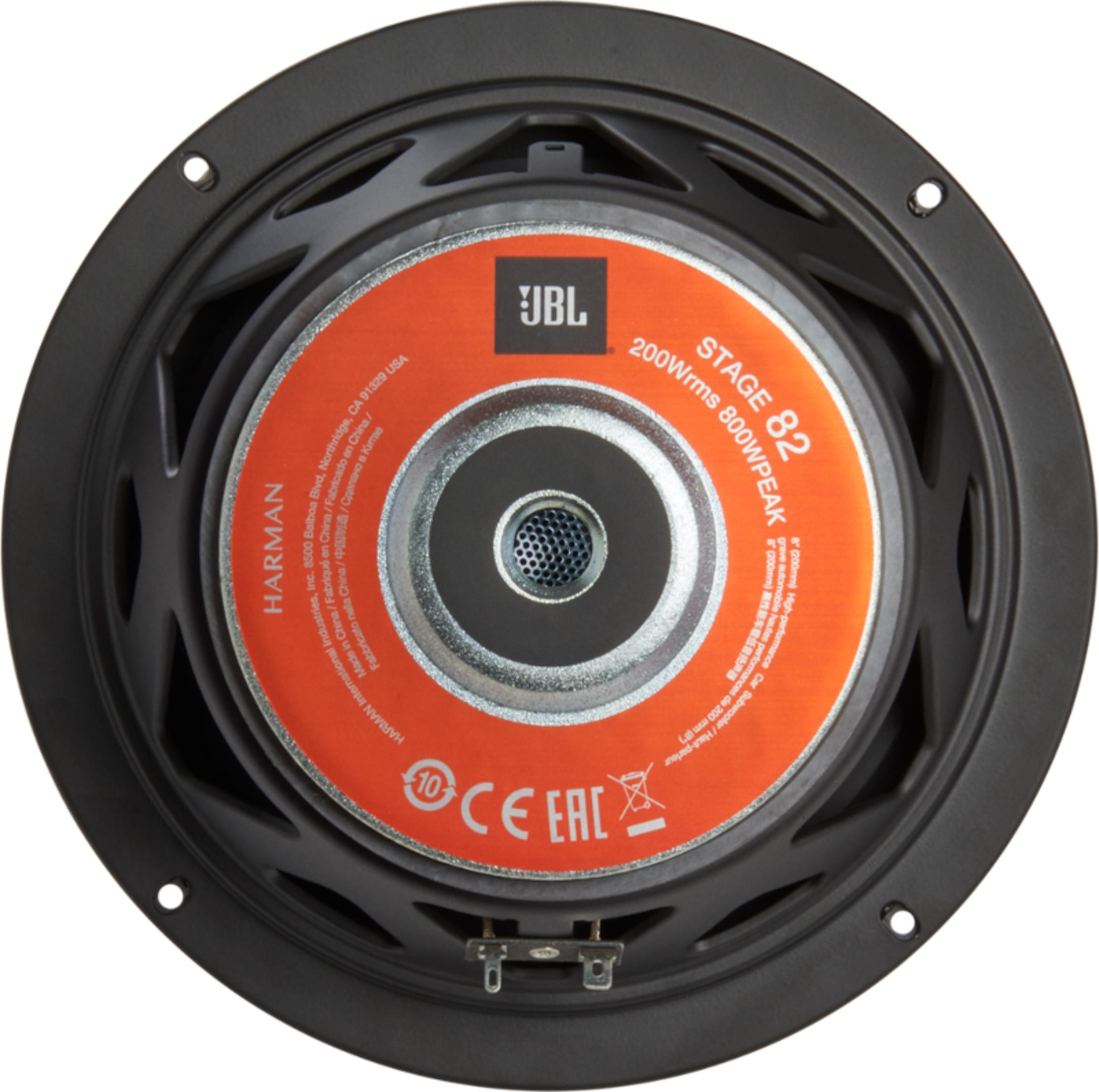 Un subwoofer JBL Stage 82 nero da 8 pollici con etichetta arancione e accenti argentati.