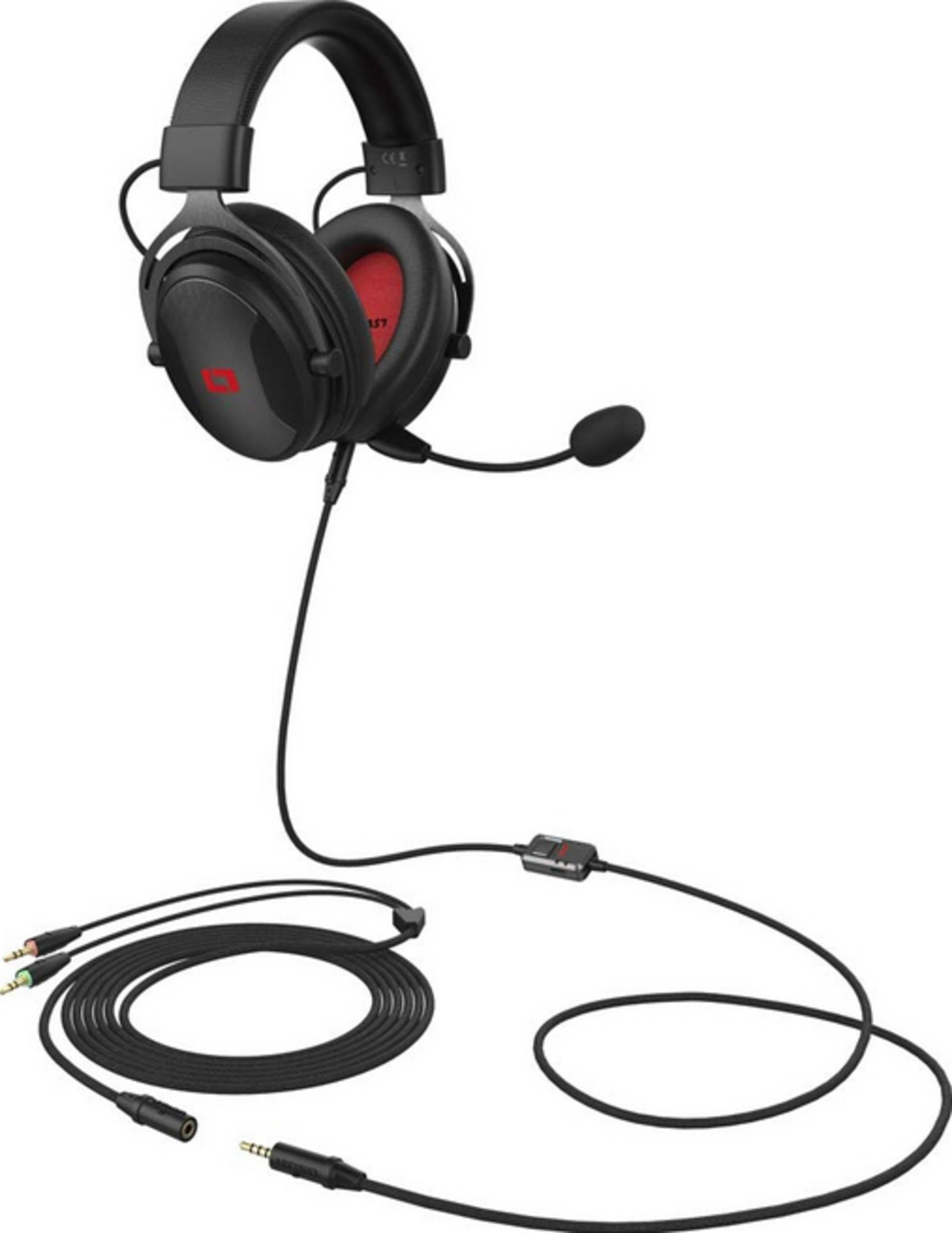 Czarny zestaw słuchawkowy do gier z mikrofonem i czerwonym akcentem.