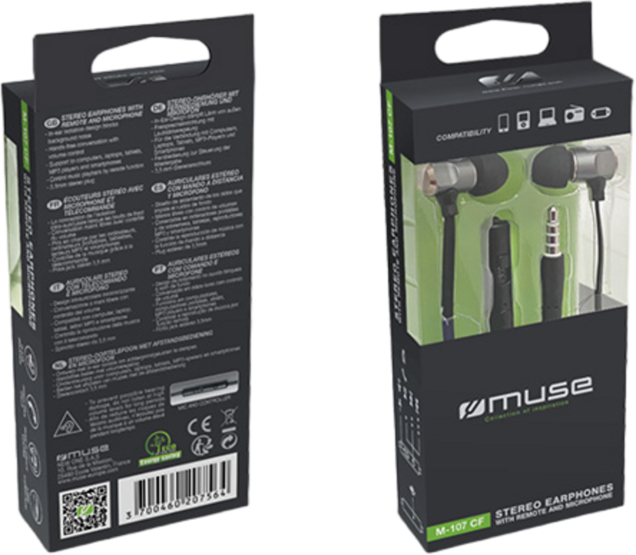 Embalaje de caja para auriculares estéreo con mando y micrófono.