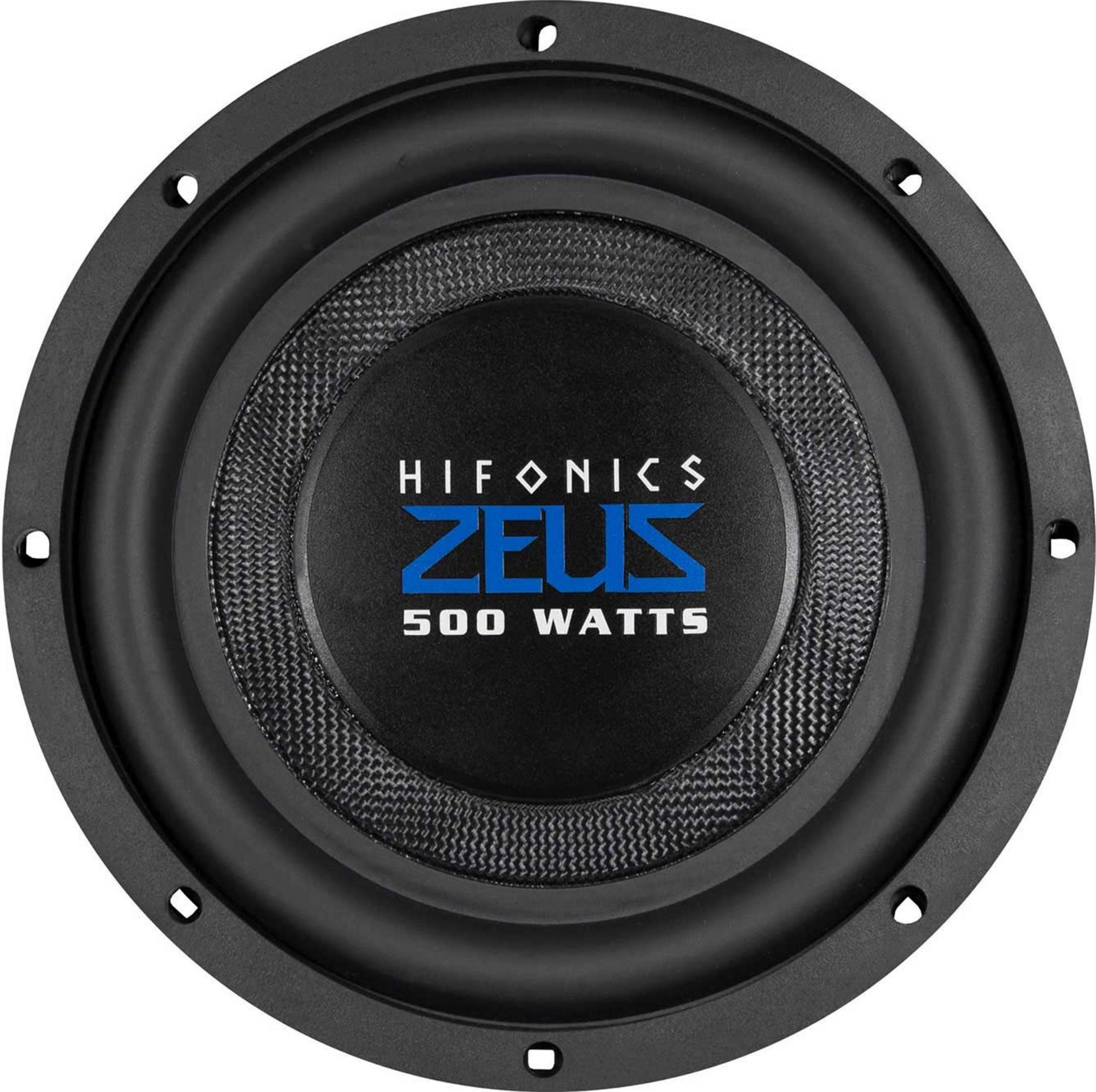 Schwarzer Subwoofer mit silbernem Zeus-Logo und 500 Watt Angabe.