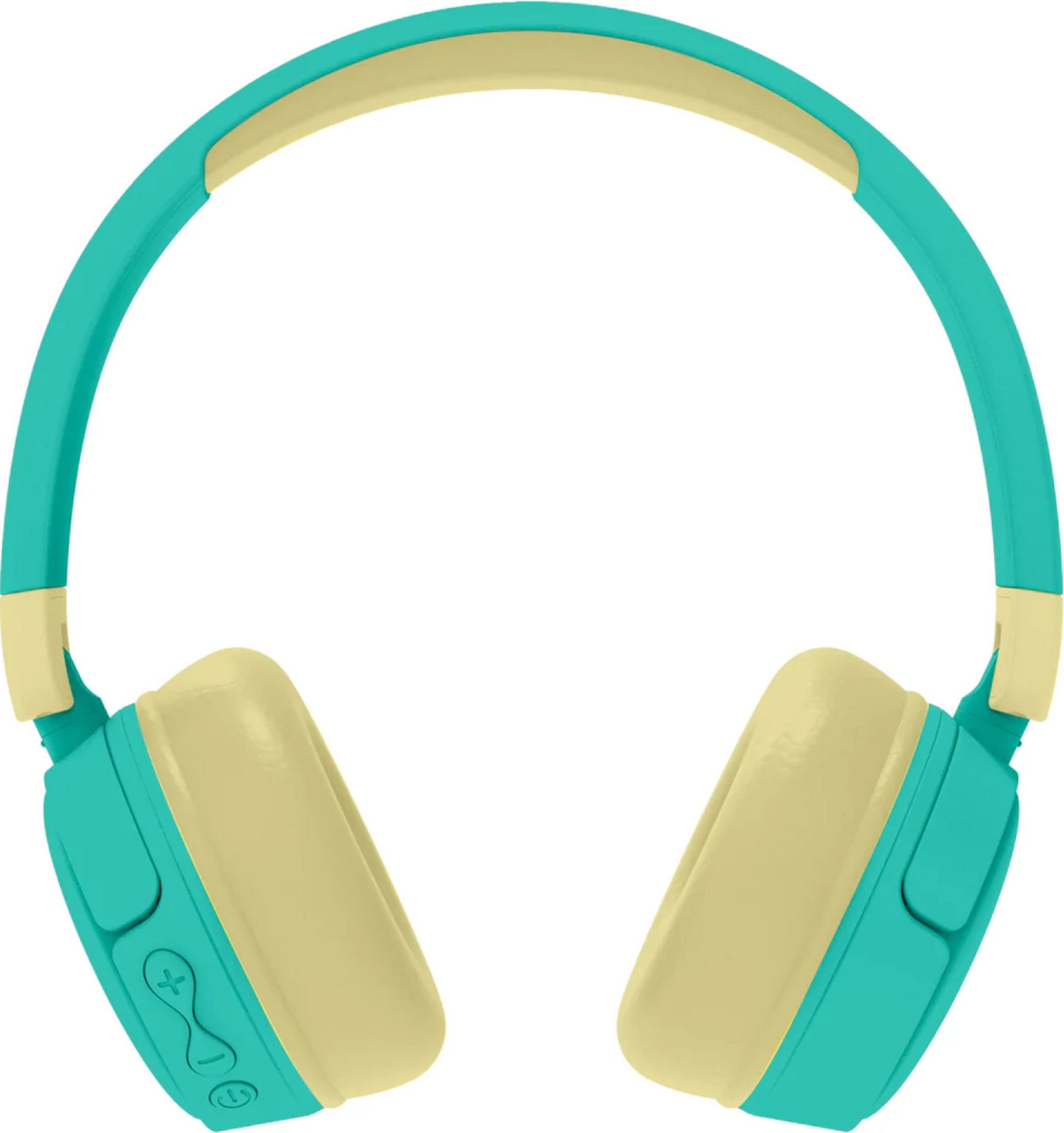 Turquoise koptelefoon met crèmekleurige oorkussens en hoofdband. Knoppen zichtbaar.