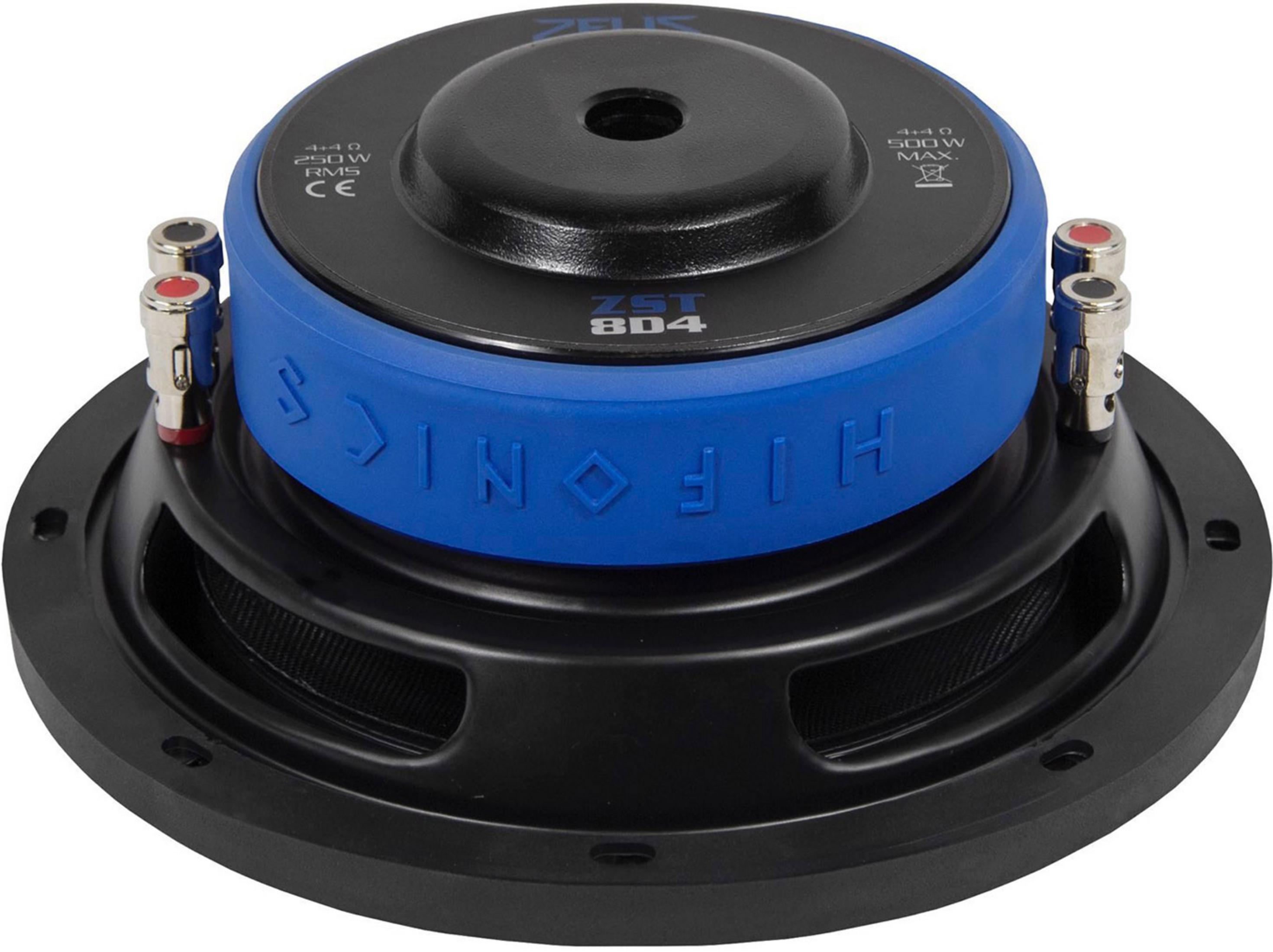 Schwarzer Subwoofer mit blauem Akzentring, Beschriftung 'HIFONICS ZST 804'.