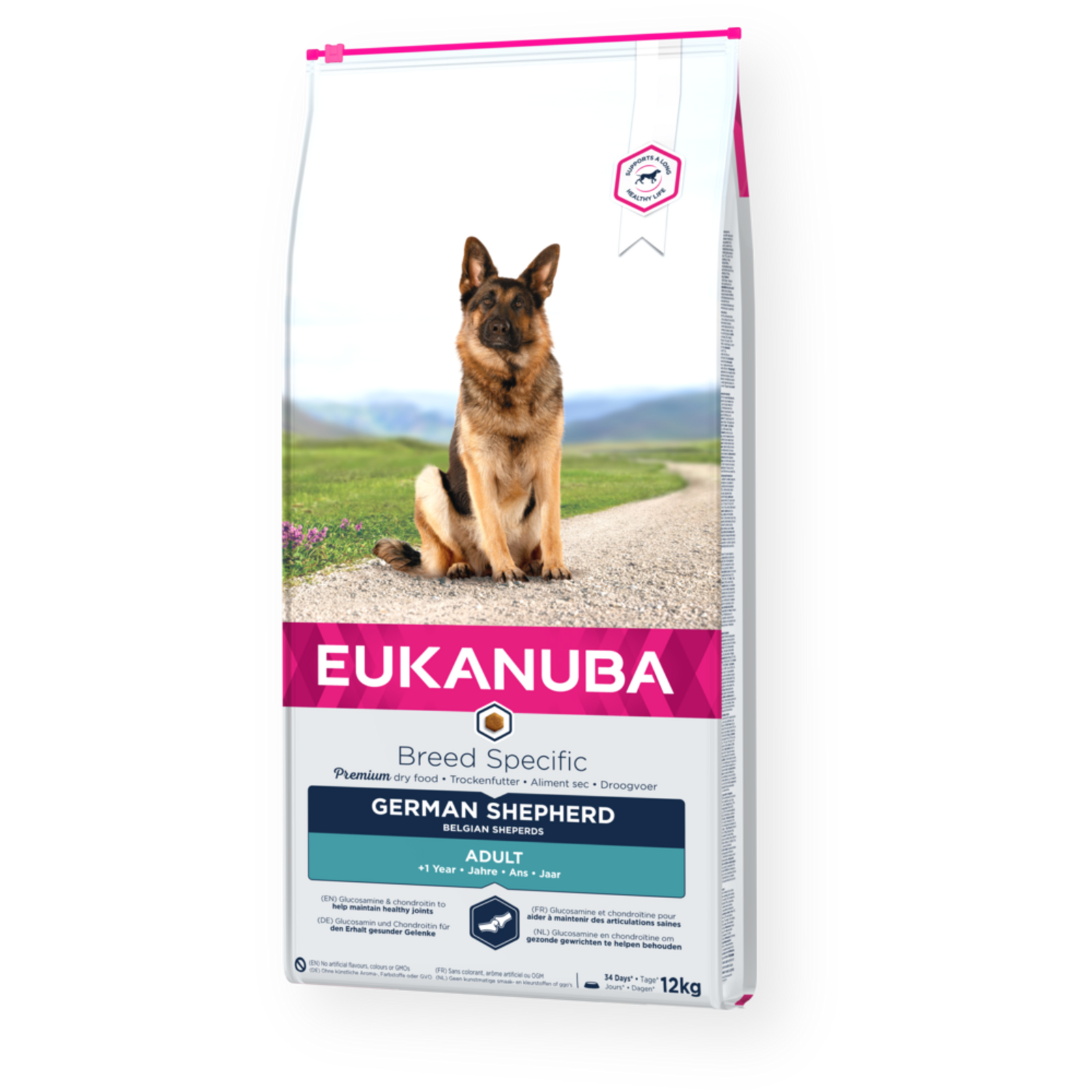 Karma Eukanuba dla owczarków niemieckich, Adult, 12kg. Pies siedzi na ścieżce.