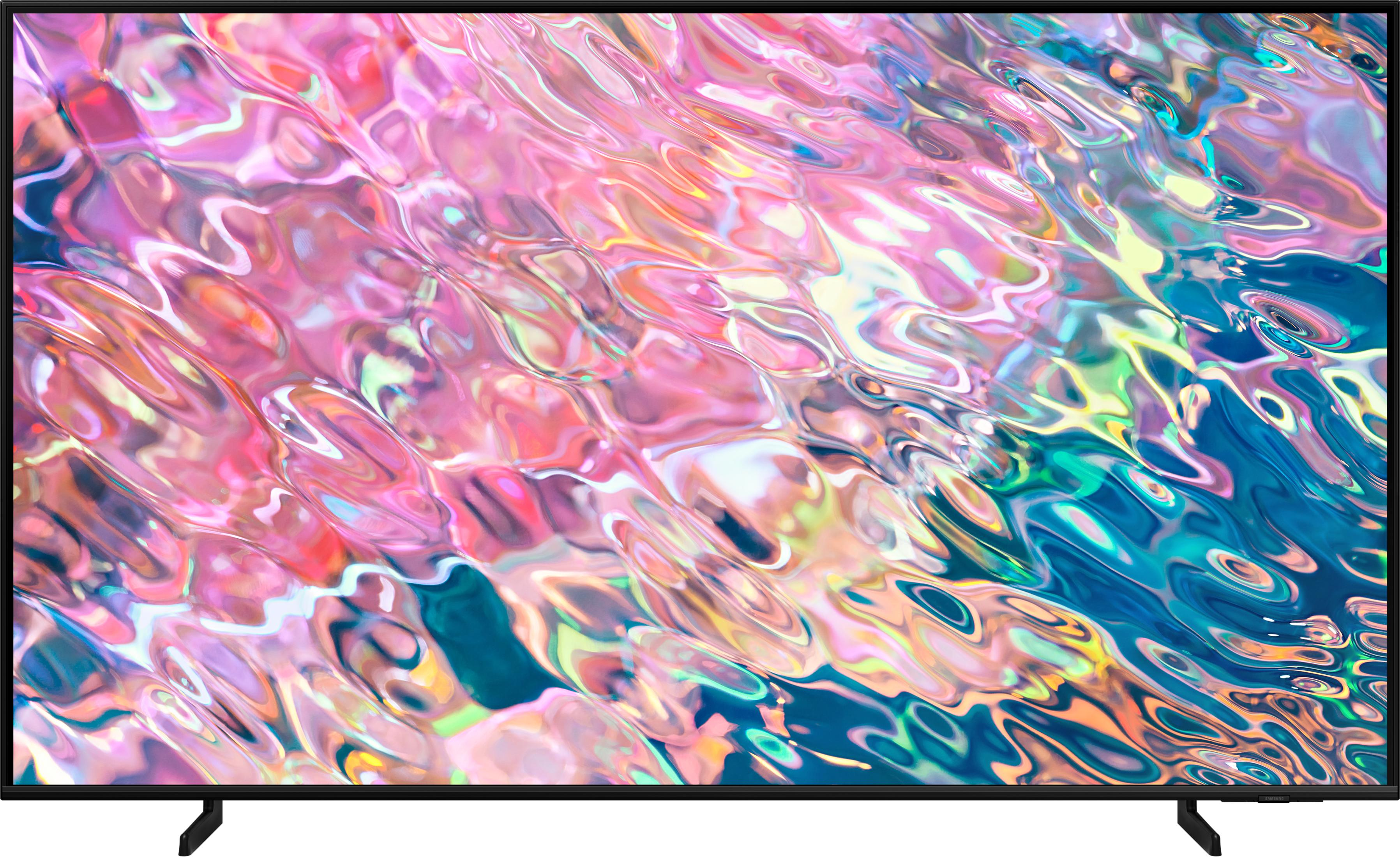 Nowoczesny telewizor wyświetlający kolorowy, płynny wzór na ekranie.