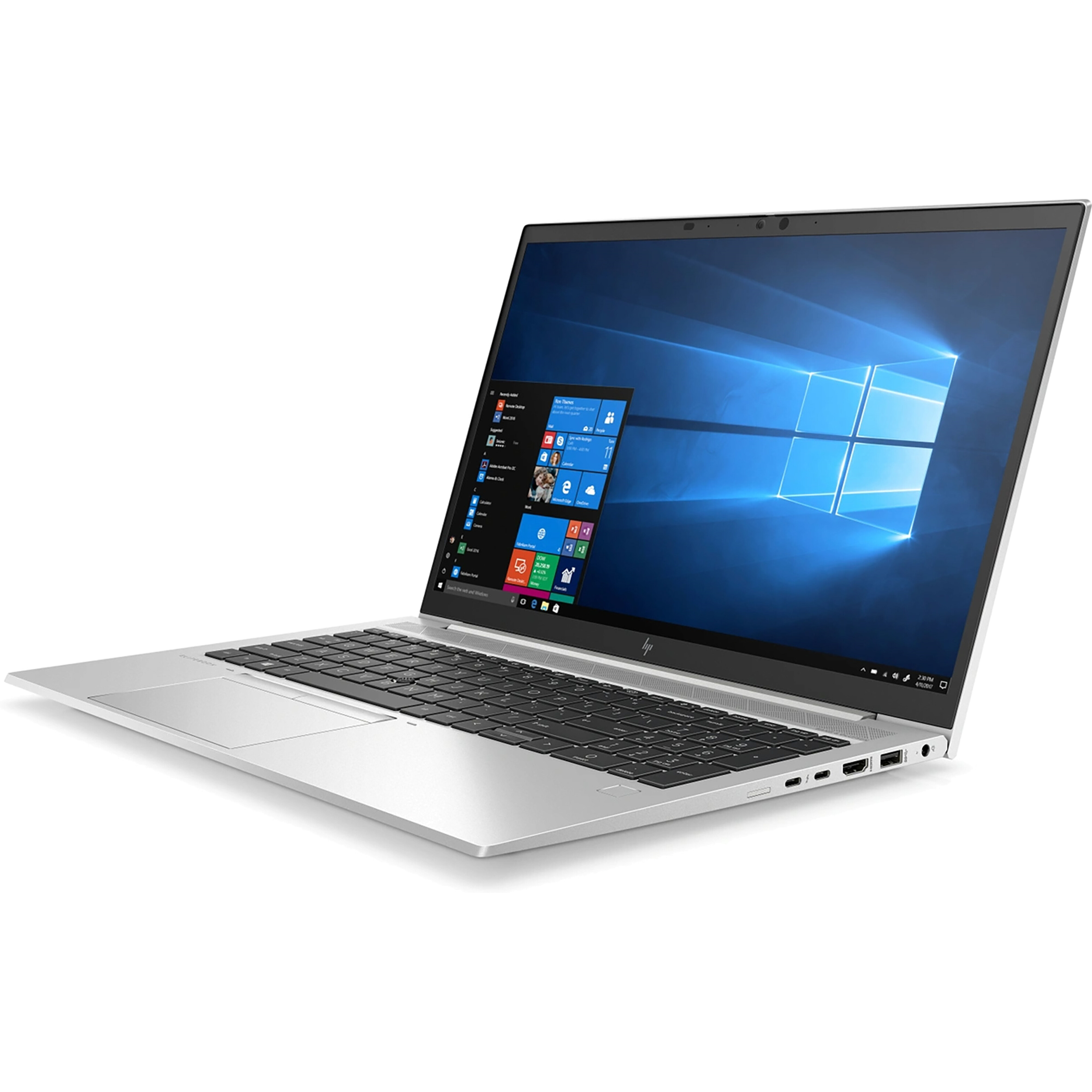 A silver HP laptop displaying Windows 10 on a white background.