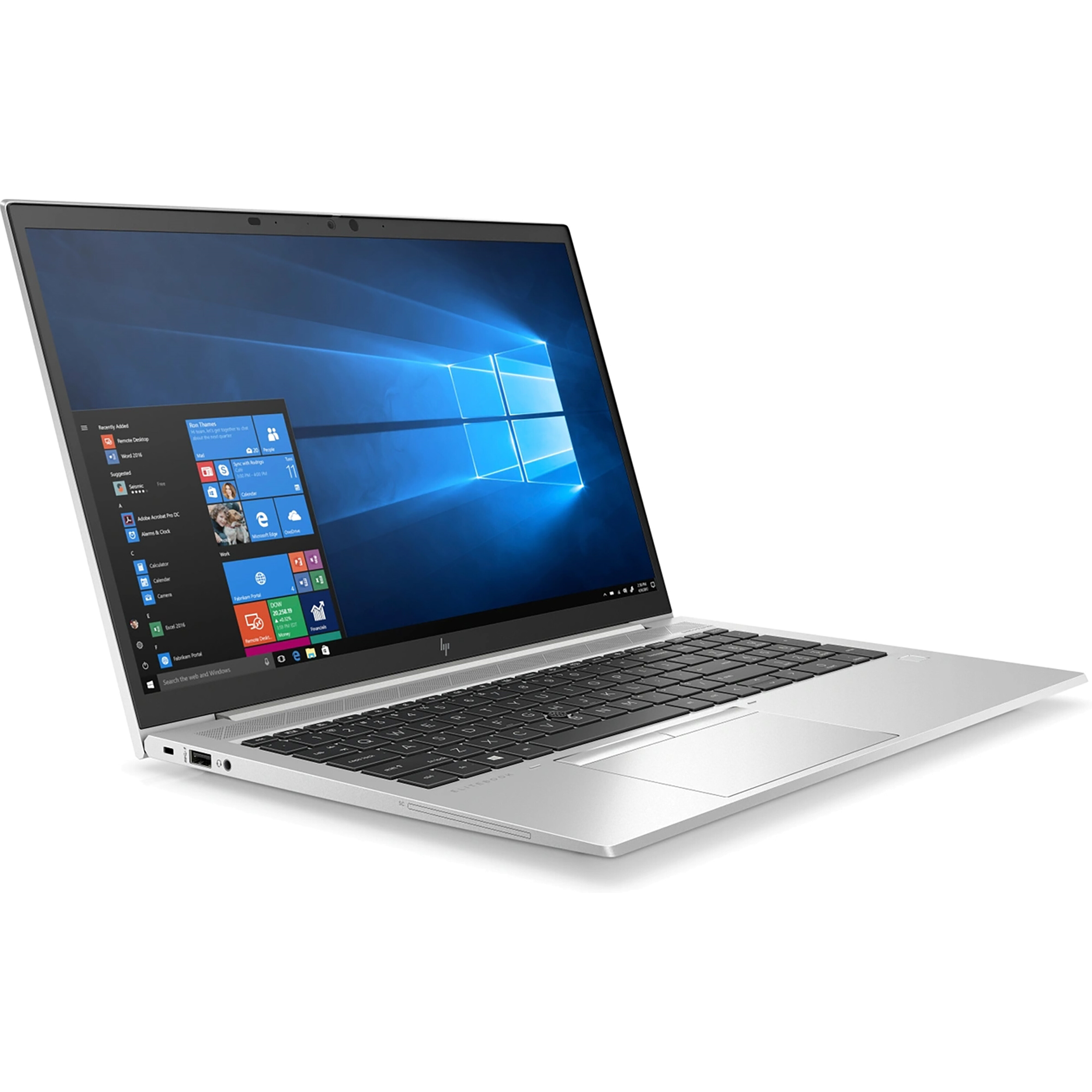 A silver laptop with a lit screen displaying Windows.
