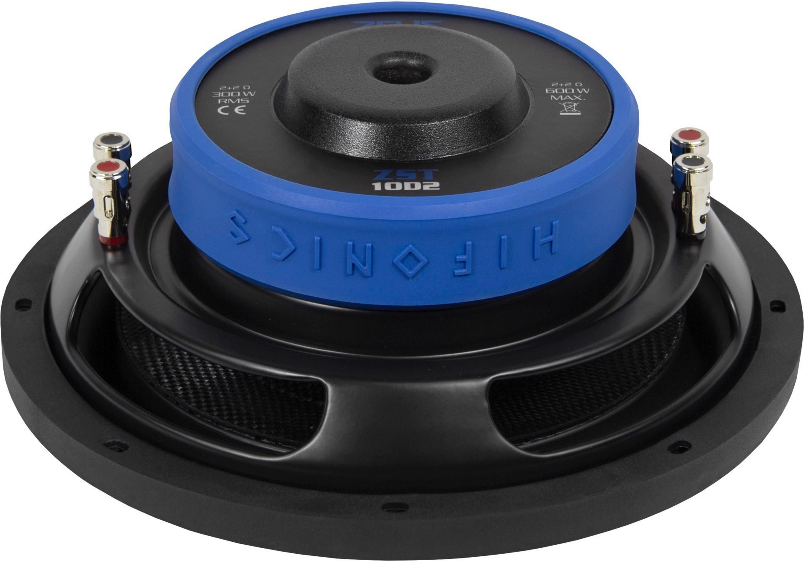 Schwarzer Subwoofer mit blauer Zierleiste, Beschriftung ZST 10D2.