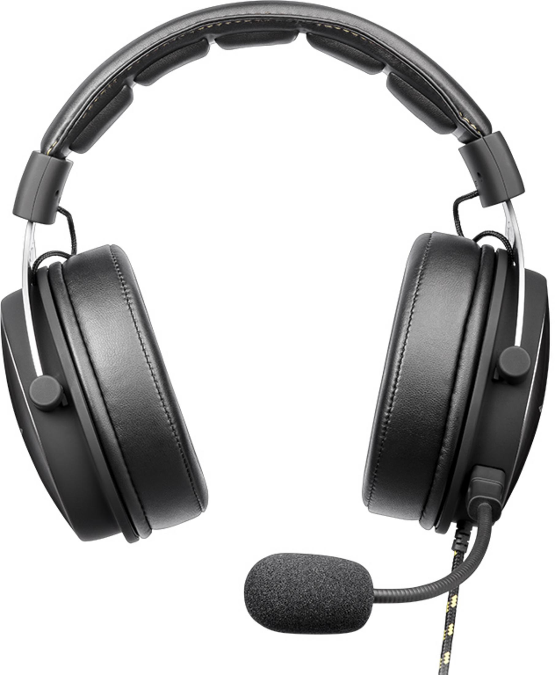 Black over-ear headphones with a microphone, isolated on white.