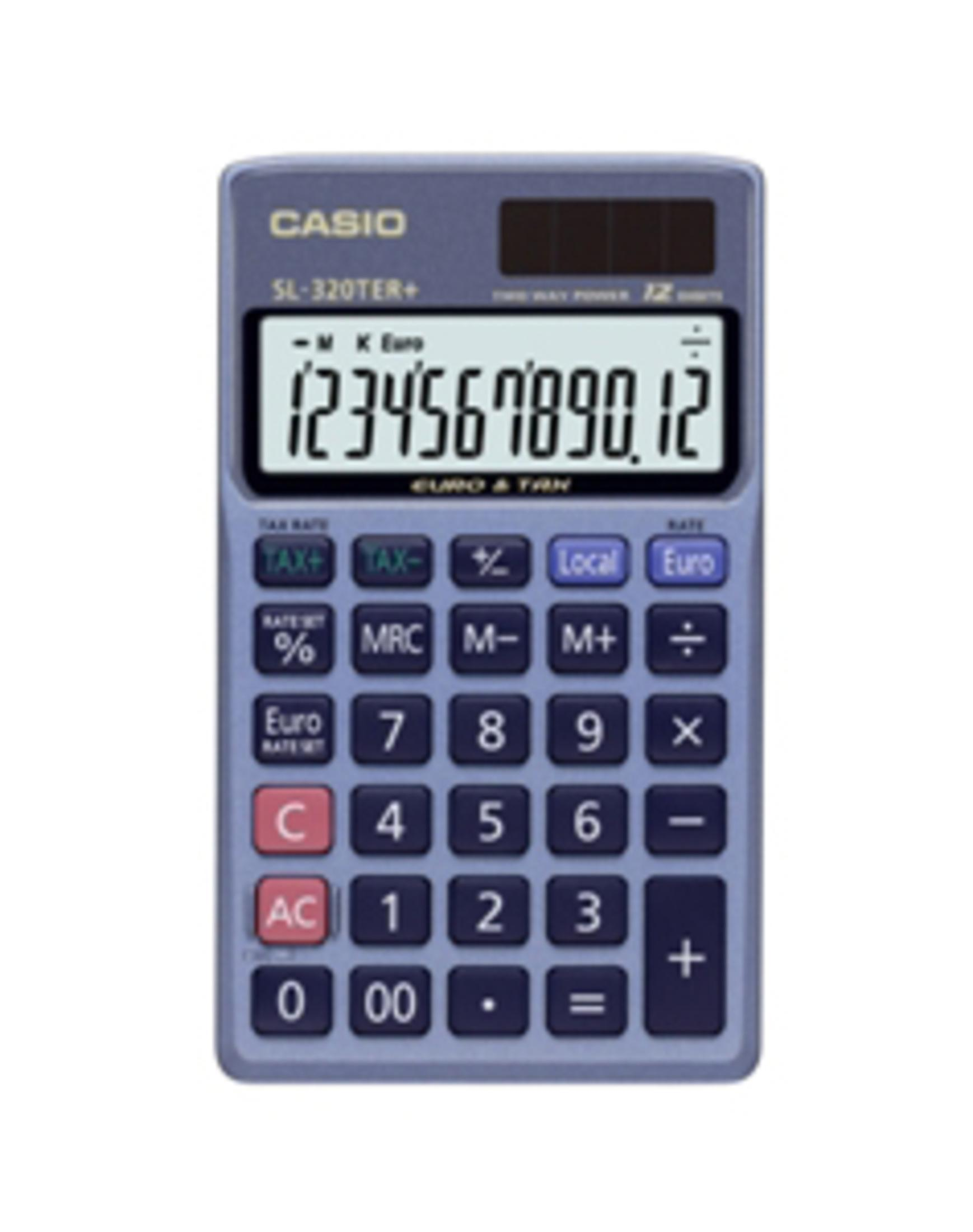 Une calculatrice Casio bleue avec panneau solaire et boutons pour chiffres, taxes et devises.