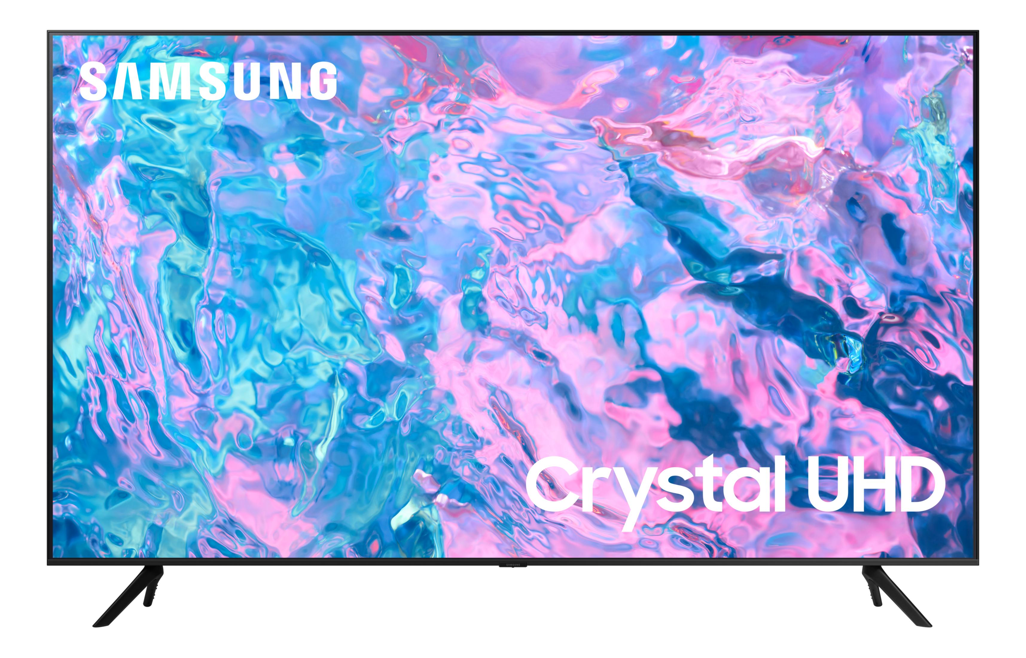 Telewizor Samsung Crystal UHD z abstrakcyjnym, wielokolorowym tłem.