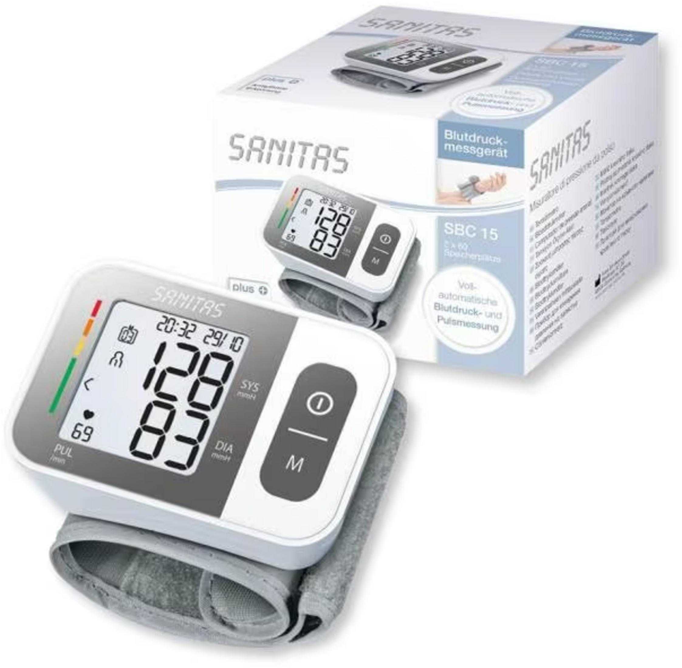 Ein Sanitas Oberarm-Blutdruckmessgerät mit Manschette und Verpackung.