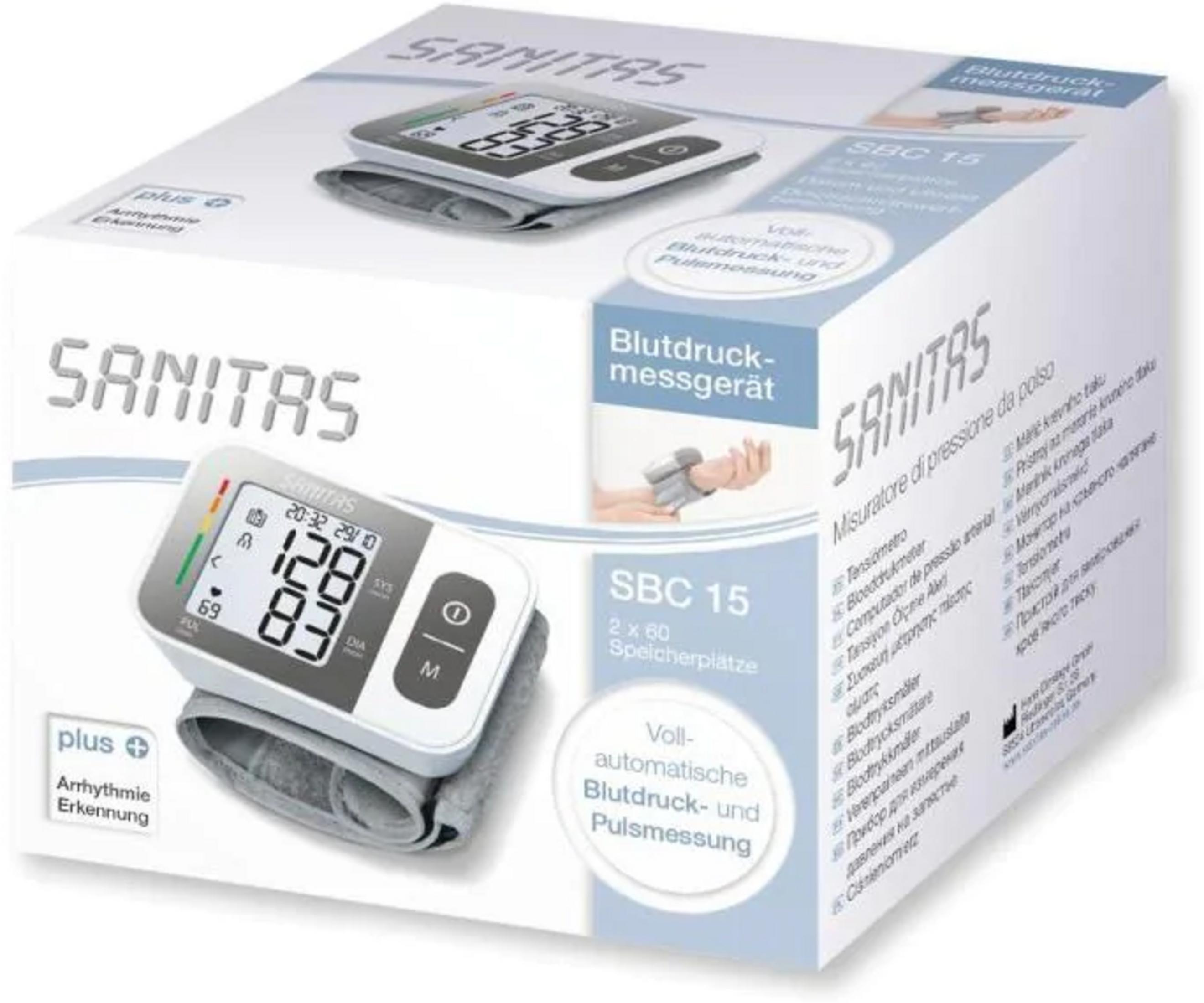 Verpackung eines Sanitas Blutdruckmessgeräts mit einem digitalen Display.